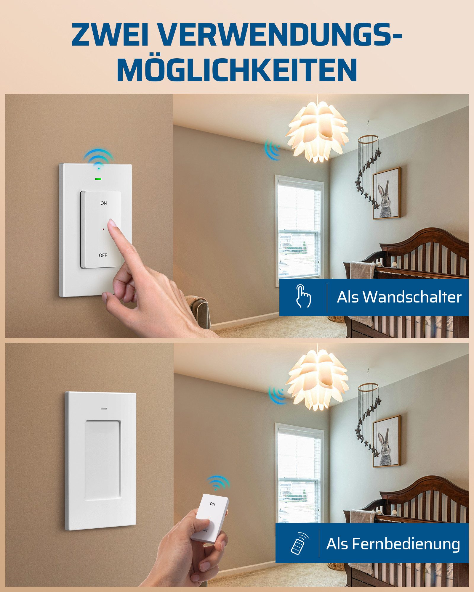 DEWENWILS Licht-Funksteuerung Funkschalter Set, für Schlafzimmer, Kinderzimmer, Büro, Arbeitszimmer, Wohnzimmer, Funk Wandschalter, Kabellos Funk Lichtschalter Set
