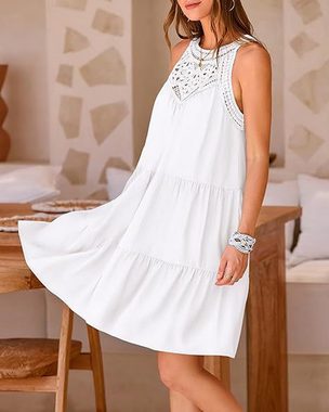 ZWY Sommerkleid Neckholder-Kleid in A-Linie mit ausgehöhltem Spitzen-Patchwork (Geraffter, eleganter und modischer Rock) Einfacher, ärmelloser, plissierter Minirock mit Neckholder