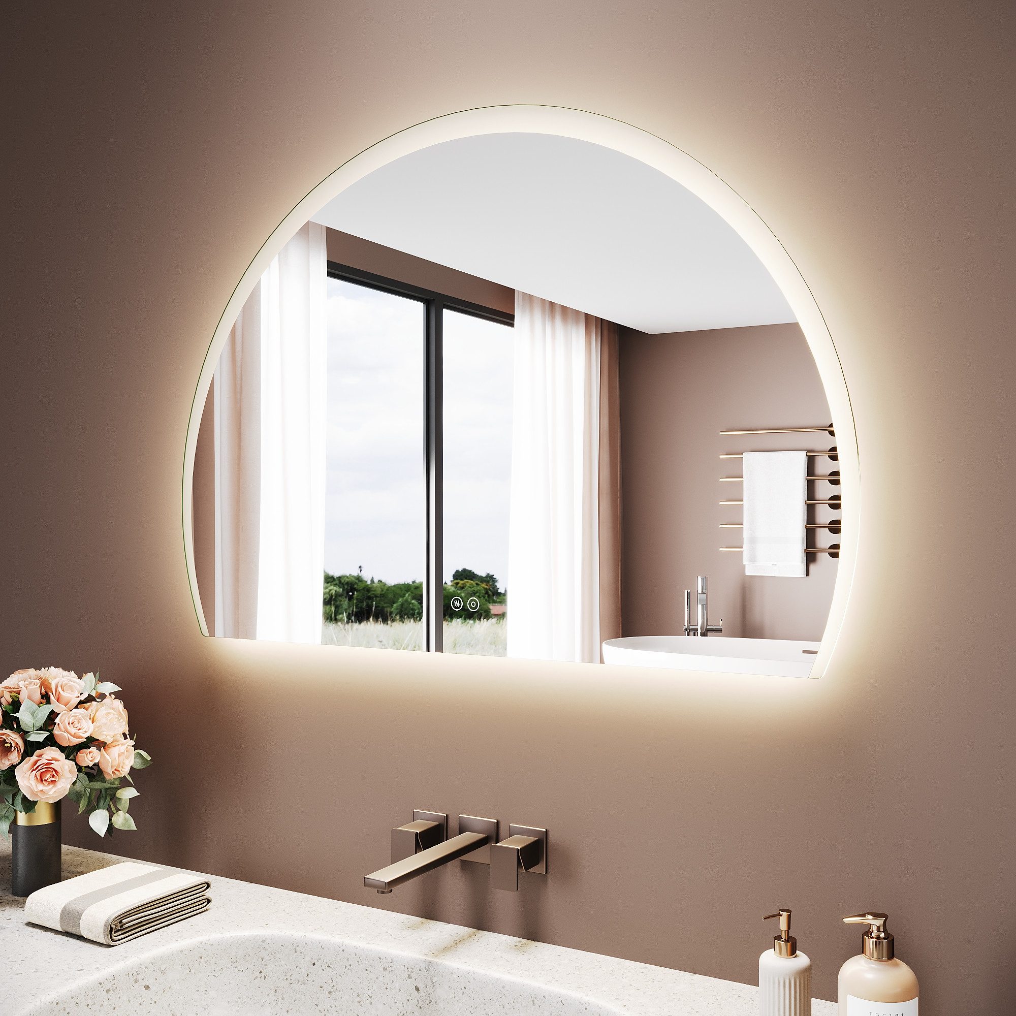 SONNI Badspiegel LED Halbrund Spiegel mit Beleuchtung 100 x 70 cm, mit Touch-Schalter, 3 Dimmbare Lichtfarben, Anti-Beschlag