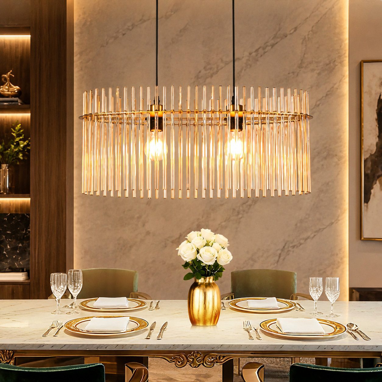 Nettlife Pendelleuchte Modern Gold/ Schwarz 2-Flammig,Glas,E27 Hängelampe mit Kristall Schirm, ohne Leuchtmittel, für Esszimmer Küche Wohnzimmer, Höhenverstellbar