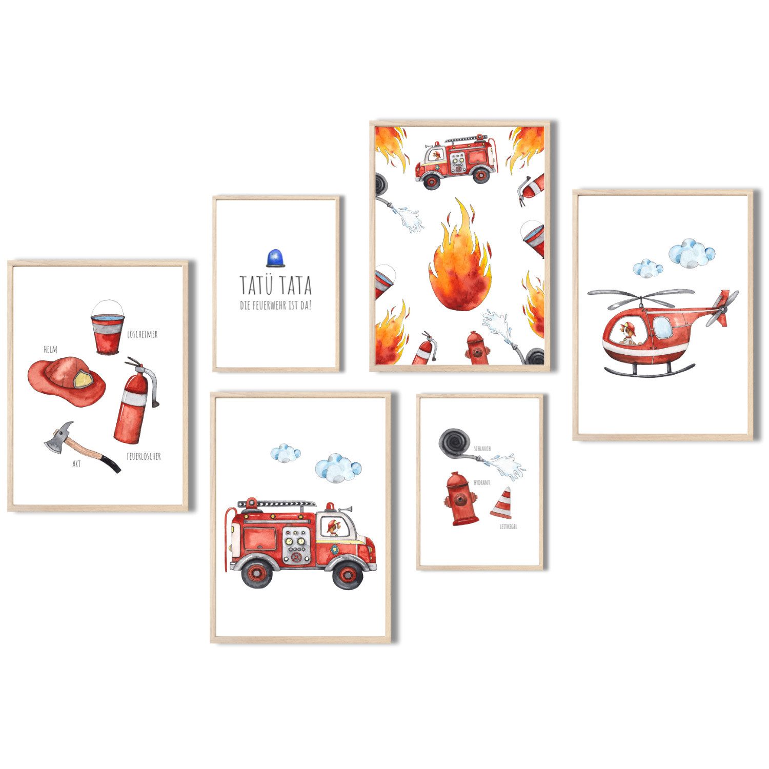 MeinBaby123® Poster Feuerwehr, Bilder Kinderzimmer Deko Jungs, Feuerwehrauto, Feuerwehrmann