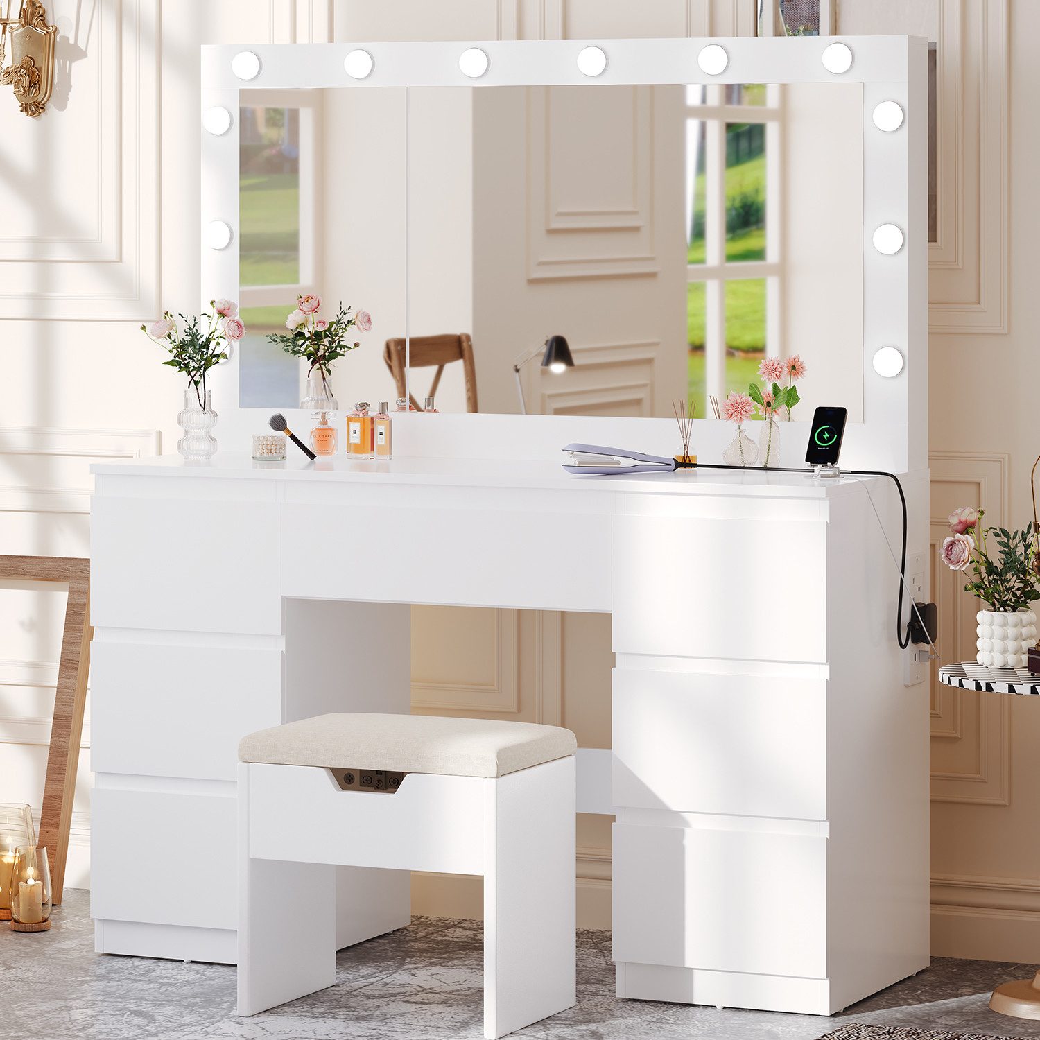 Furnicopia Schminktisch mit 7 Schubladen mit 2 Steckdosen 1 USB-Anschluss 1 günstig online kaufen