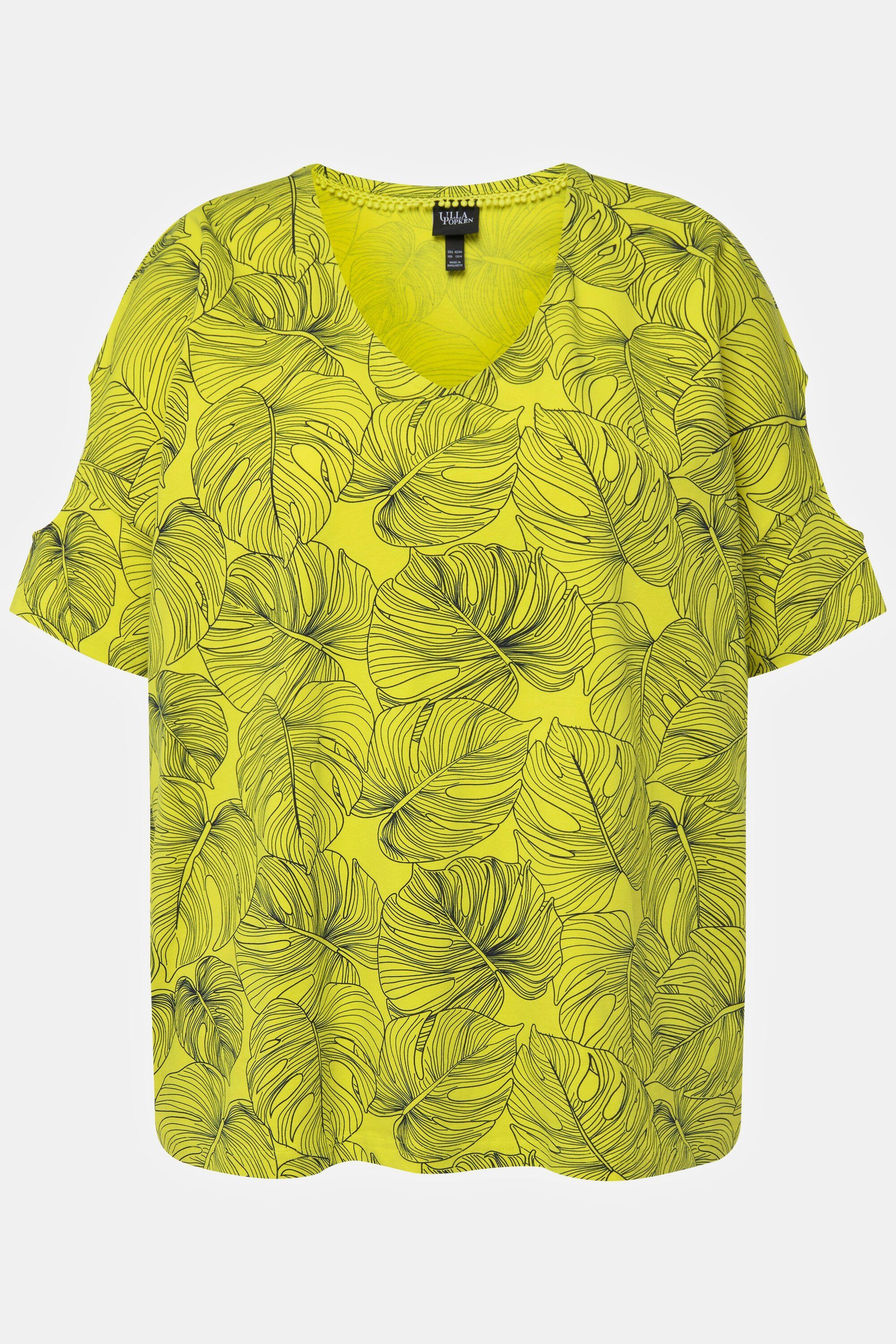 V-Ausschnitt Rundhalsshirt Oversized Ulla Palmen gelbgrün Popken Halbarm T-Shirt