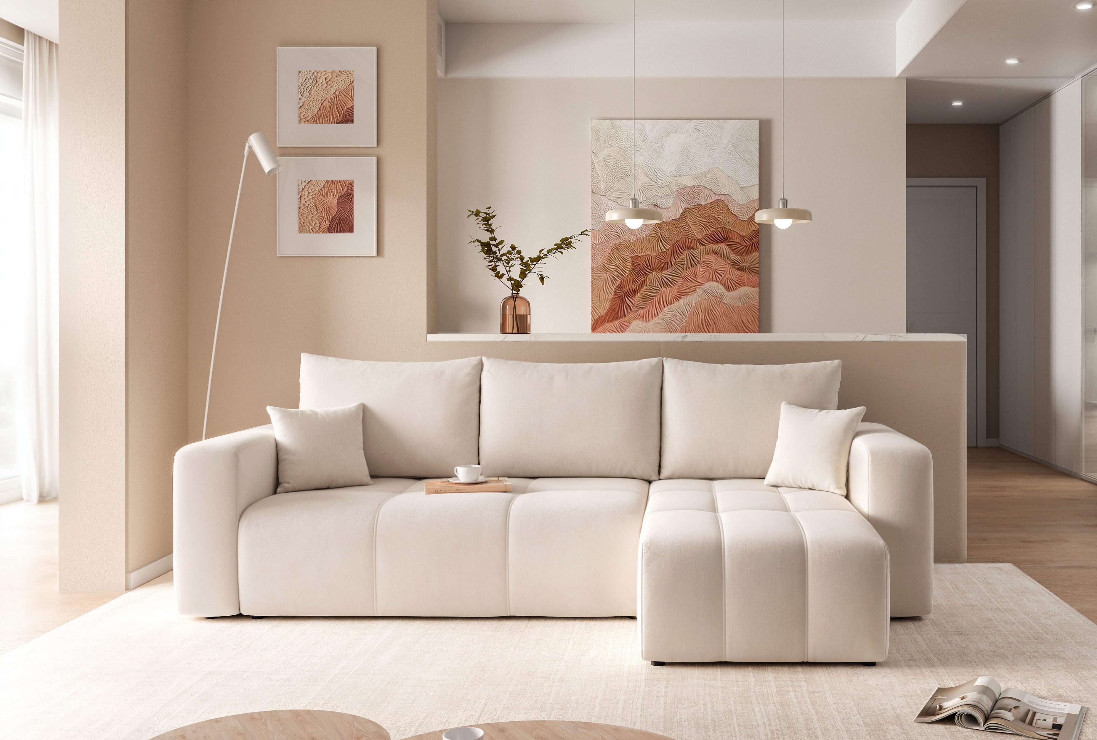 yourhouse24 Ecksofa PEDRO L – Samt-Optik, Schlaffunktion & Bettkasten, mit Schlaffunktion und Bettkasten, Seite universal