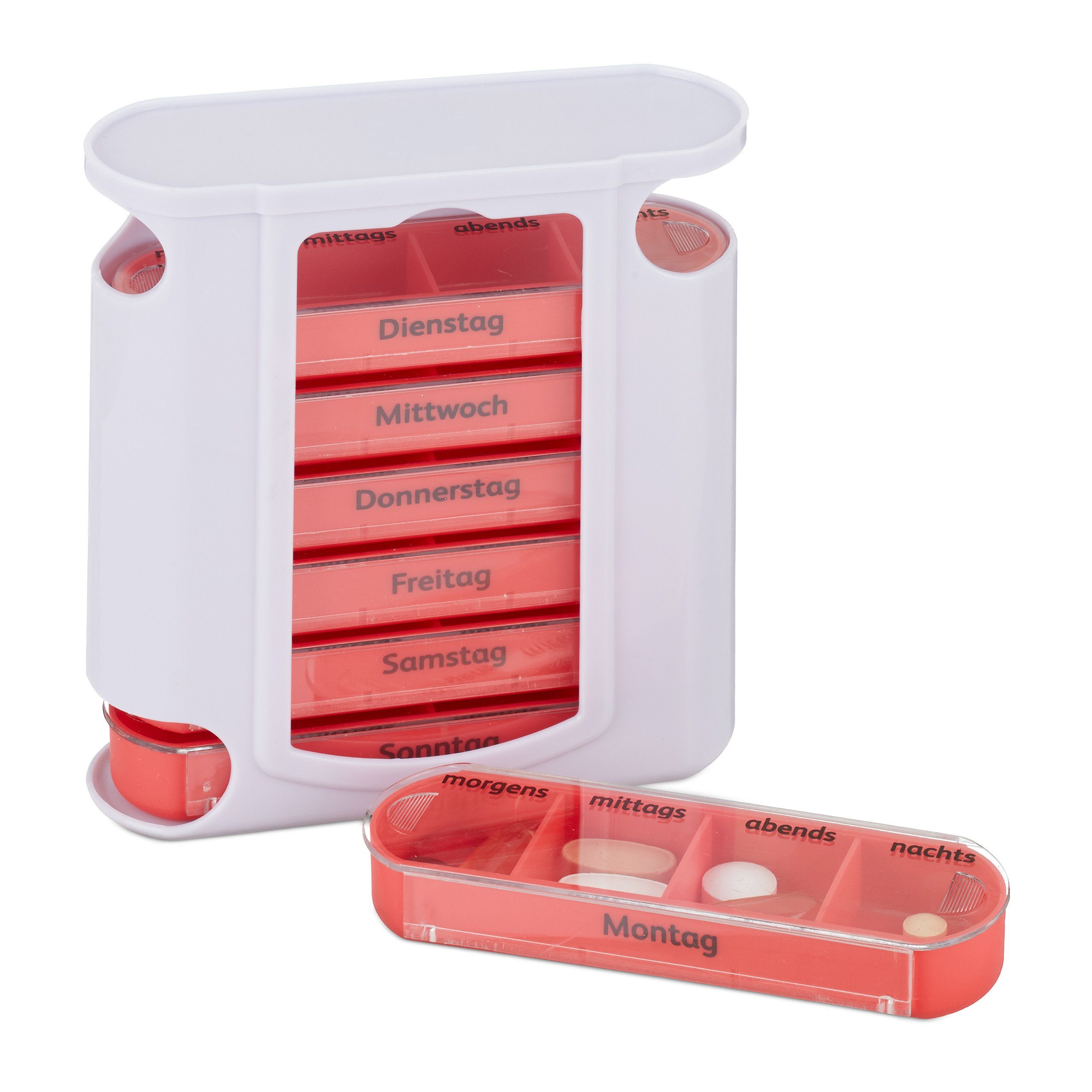 relaxdays Pillendose 2 x Pillendose 7 Tage 4 Fächer rot