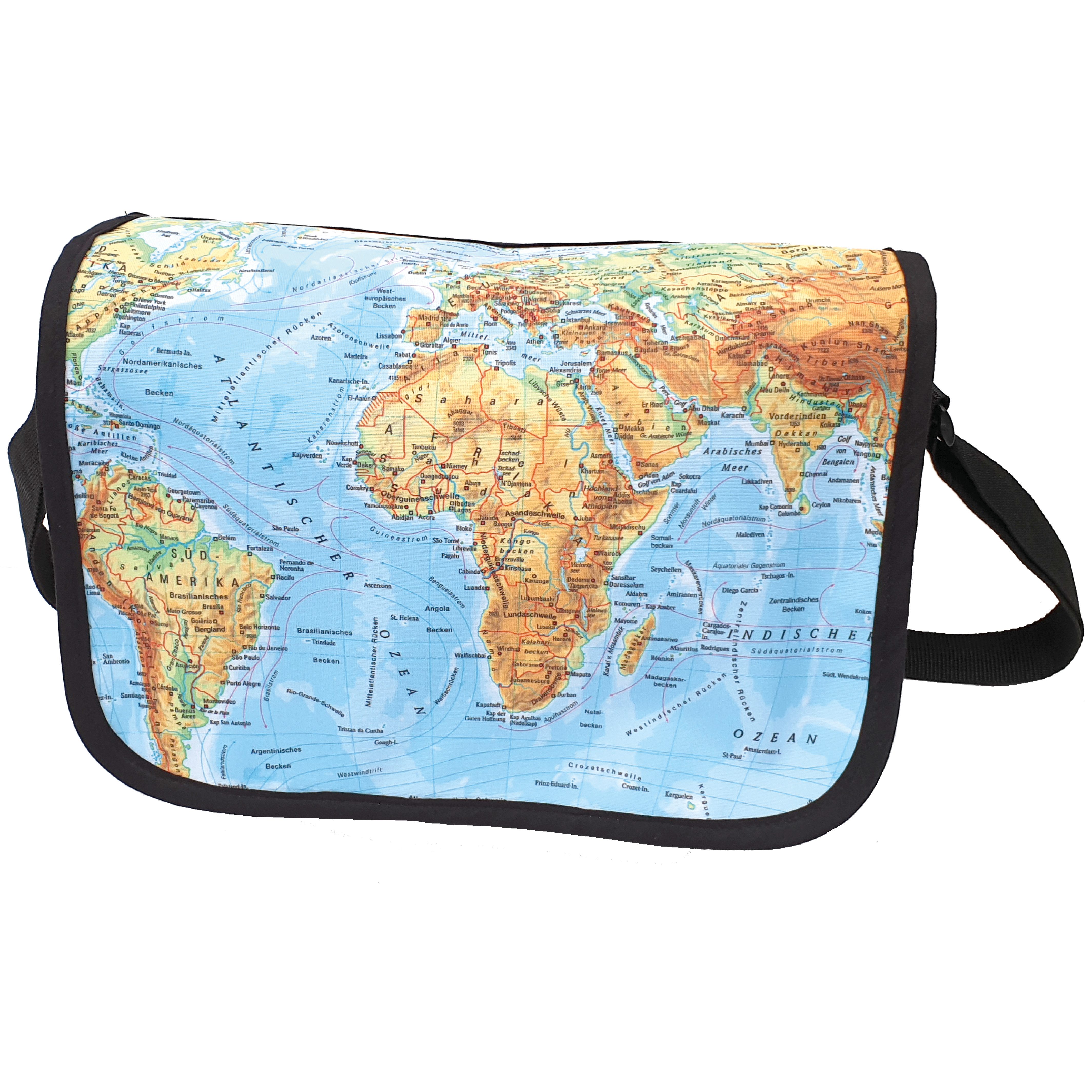 Umhängetasche Schultertasche mit Weltkarten-Motiv, ca. 38x10x30cm