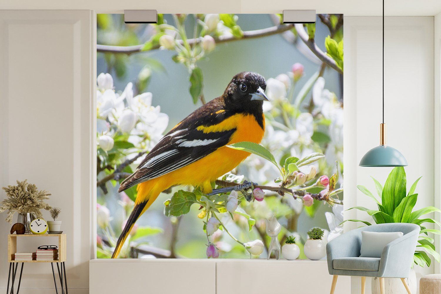 MuchoWow Fototapete Vogel - Blumen - Schlafzimmer Wohnzimmer Küche, Fototapete Vliestapete Matt, bedruckt, für Farben, (4 St)