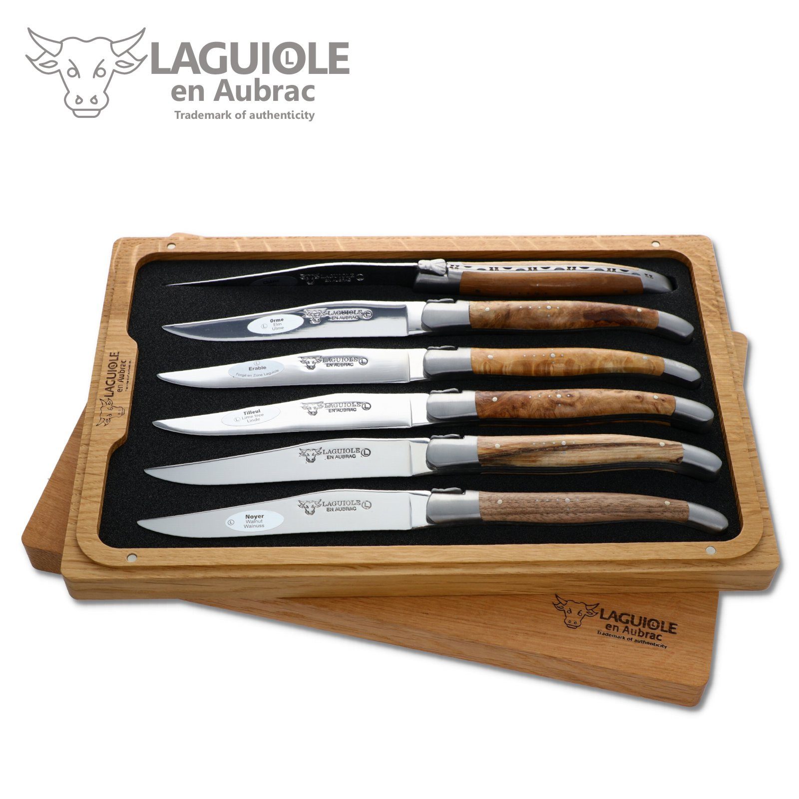 Laguiole en Aubrac Steakmesser 62C99EWIH-N 6er Set - Griff europäische Hölzer - Backen matt - Klinge glänzend