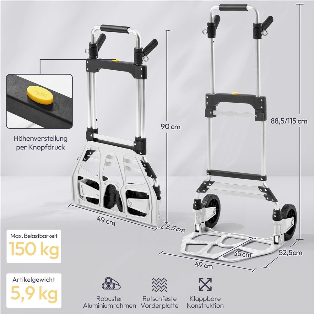 Yaheetech Sackkarre Klappbare Transportkarre aus Aluminium, Höhenverstellbar 88,5 cm – 115 cm für Einkauf/Umzug/Garten – Bild 4 von 5