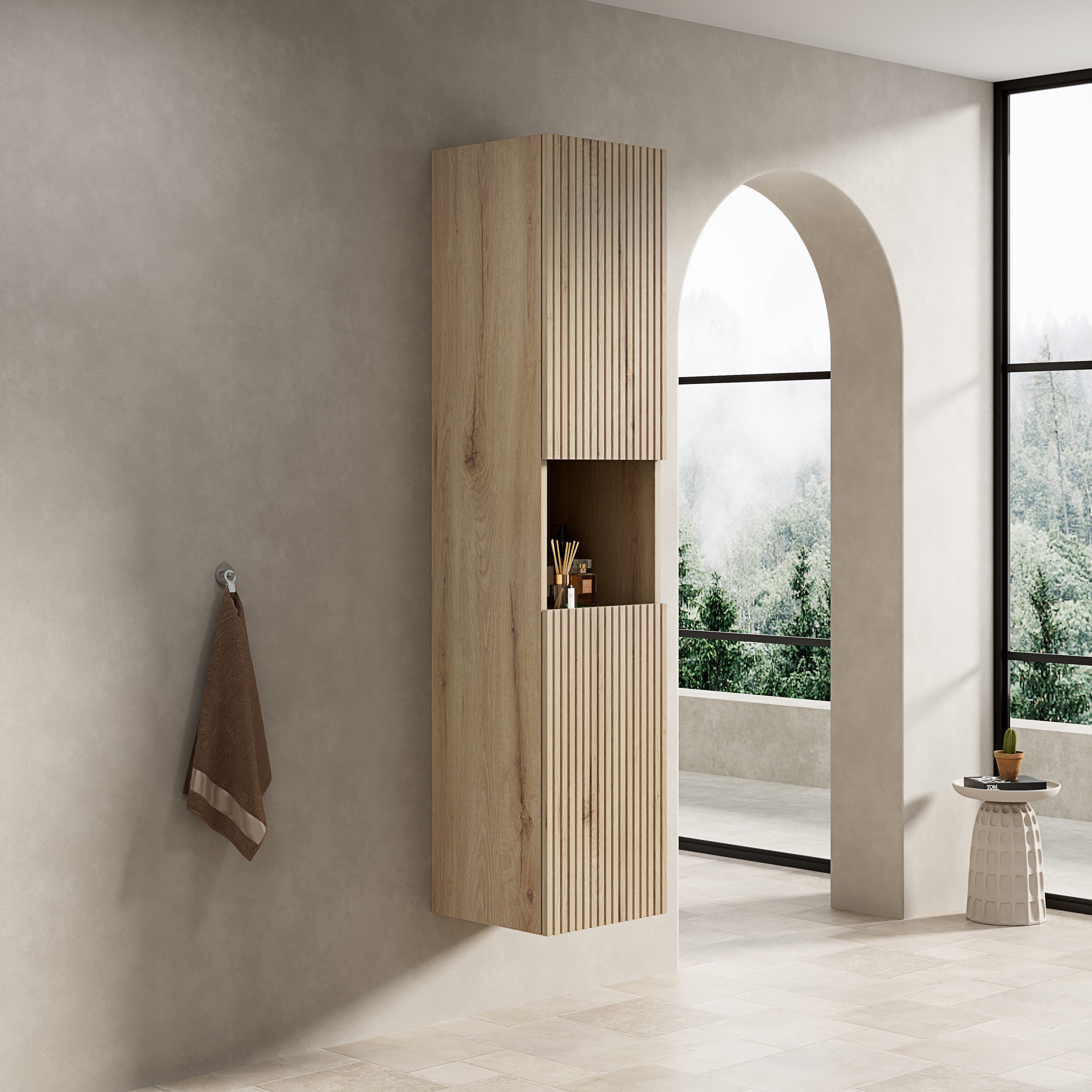 Odikalo Seitenschrank Badschrank Hochschrank Badezimmer (DAWIN 160cm hoher Badezimmer-Wandschrank, schmaler Aufbewahrungsschrank mit 2 Türen und 1 offenem Staufach, geeignet für kleine Räume, anwendbar auf Bad, Wohnzimmer und Wäscherei, Corolla / Weiße Eiche Holzmaserung)