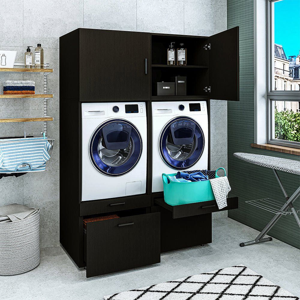 Roomart Waschmaschinenumbauschrank (Roomart Überbauschrank) schwarz Hauswirtschaftsraum eiche | Waschmaschinenschrank Eiche für Schwarz