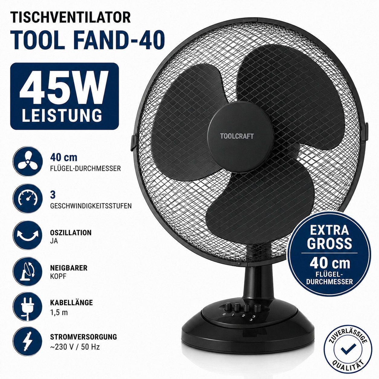 Ertex Tischventilator BIG Turmventilator Tischventilator STAND 45W 40cm Durchmesser Schwarz