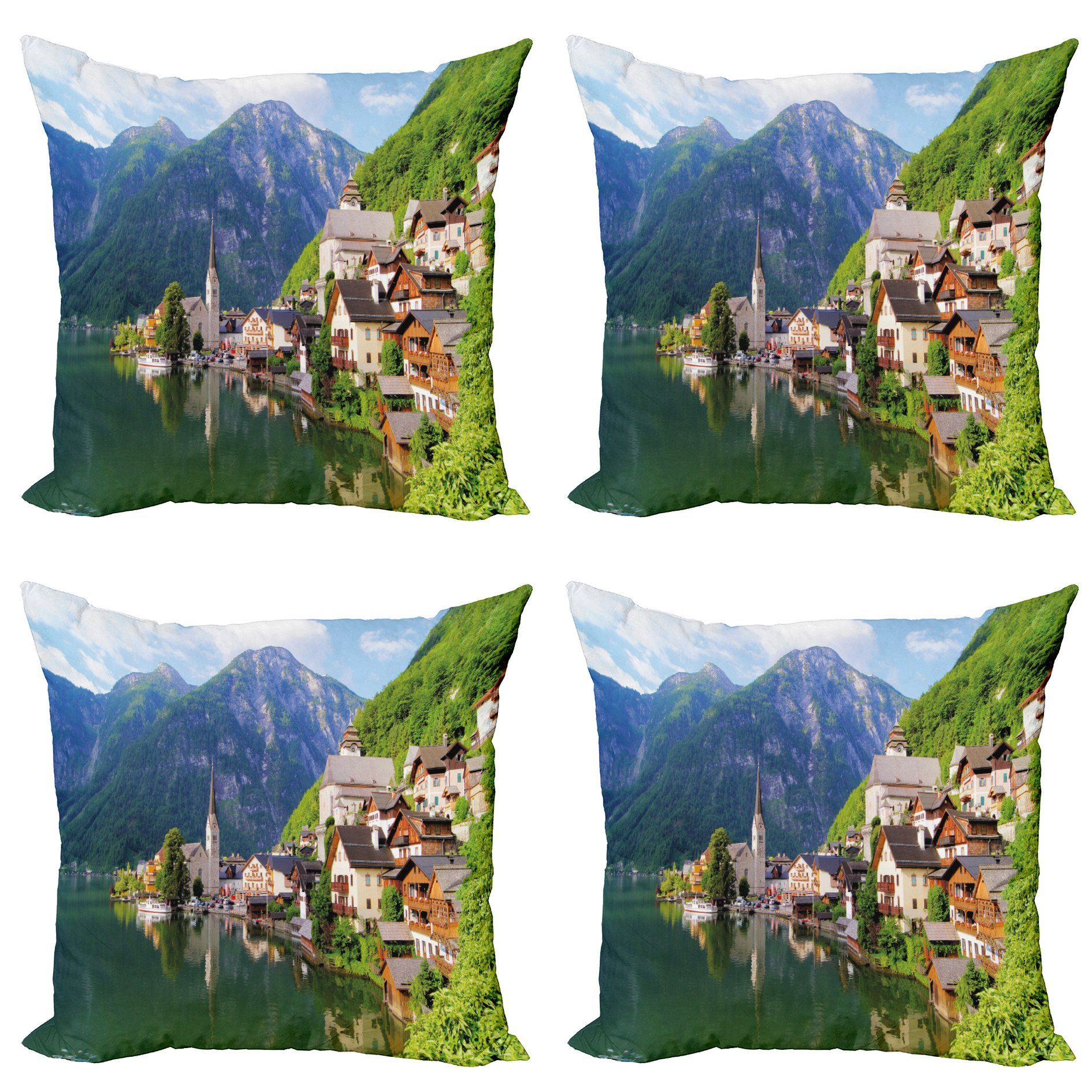 Kissenbezüge Modern Accent Doppelseitiger Digitaldruck, Abakuhaus (4 Stück), Rustikal Alpen Dorf Kleinstadt | Kissenbezüge