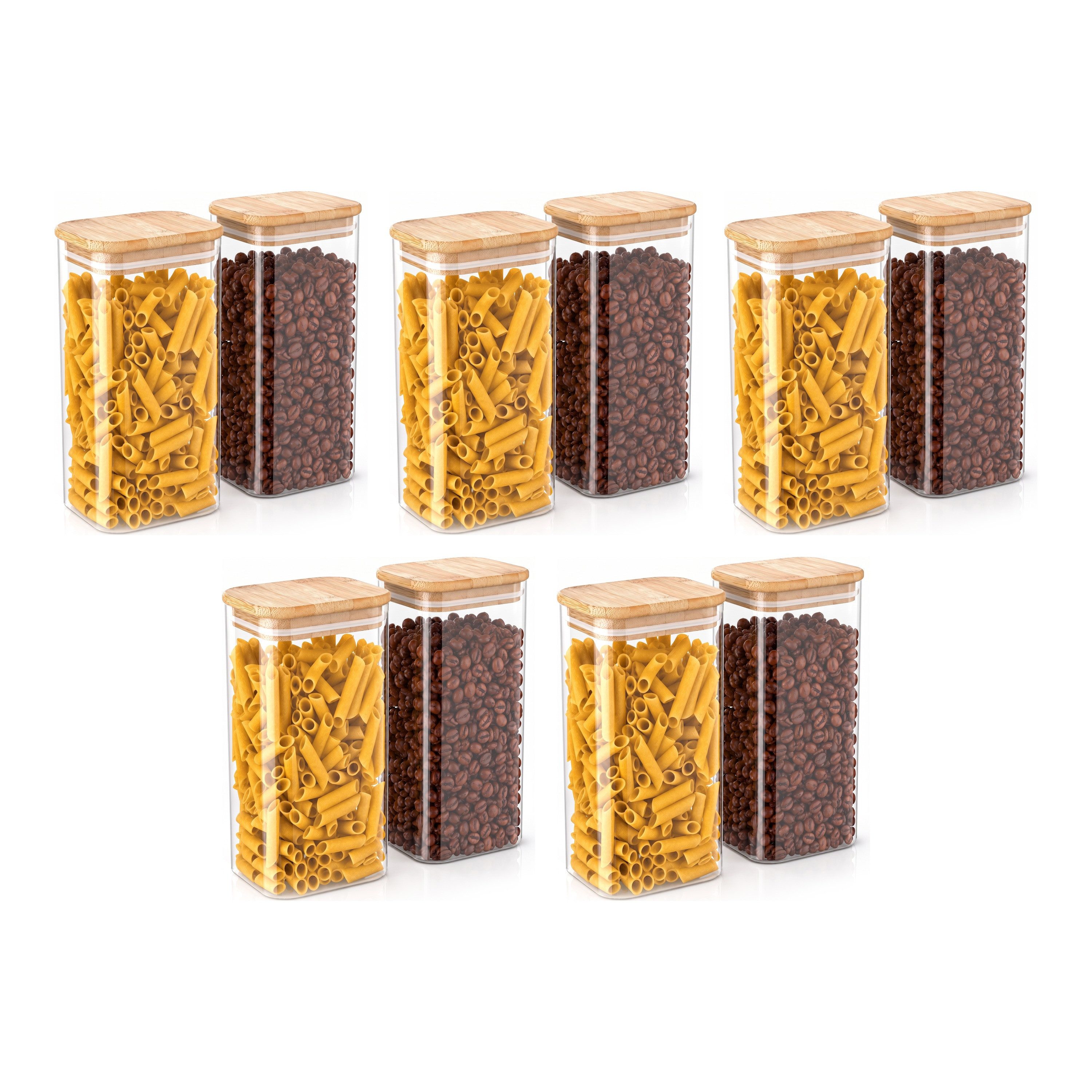 Arendo Vorratsglas eckig mit Bambusdeckel und Silikondichtung, luftdicht, Borosilikatglas, (Packung, 10-tlg., 10 x 1600 ml), Glas gefrier-, mikrowellen- & spülmaschinenfest, -40 bis +400 °C