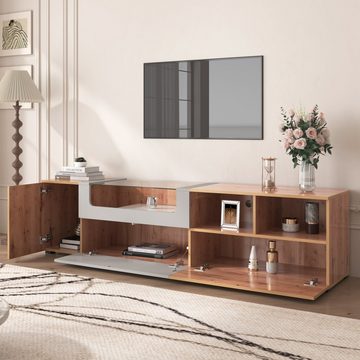 Ulife Lowboard TV-Schrank mit LED-Beleuchtung und Glasplatte, Fernsehtisch im Landhausstil, Natürlicher Landhausstil