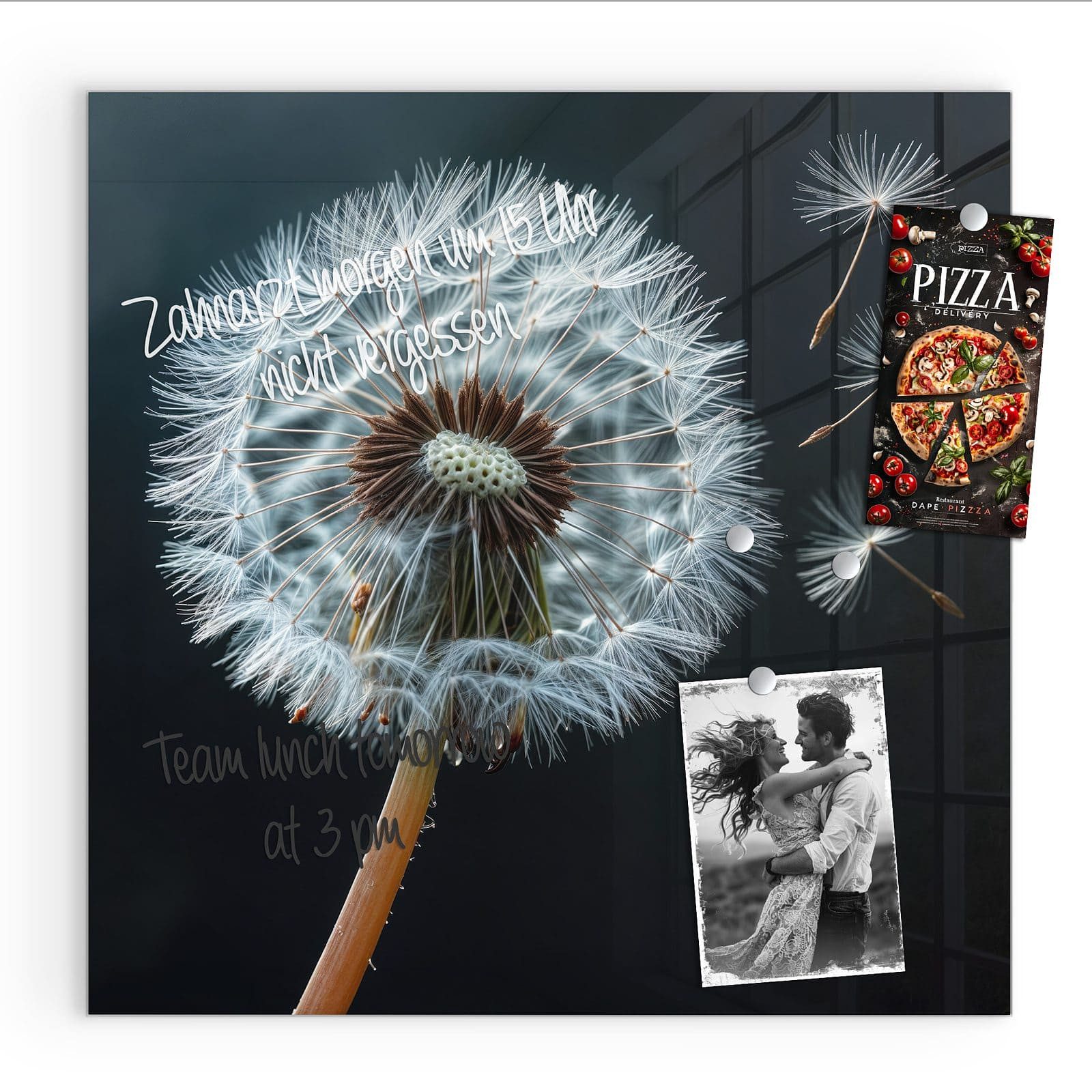 Primedeco Magnettafel Glas Pusteblume im Wind Pinnwand Whiteboard beschreibbar, (Inklusive Stift, Magnete und Montagematerial, 1-tlg., 9 verschiedene Größen), Magnetisch und Beschreibbar