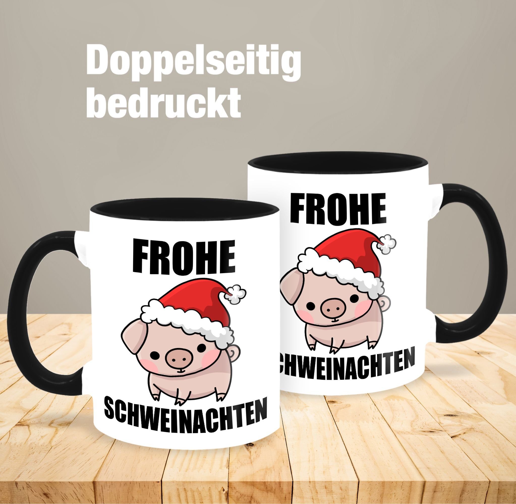 2 Shirtracer Keramik, Weihnachtstasse Tasse Schweinachten, Schwarz Frohe