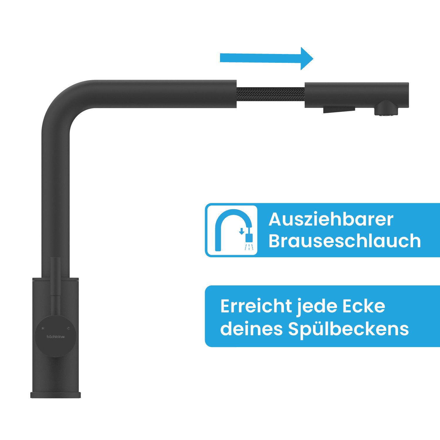 Bächlein Spültischarmatur Elegante Küchenarmatur Varvaro (Schwarz-matt) hochwertige Designarmatur mit ausziehbarer Wasserbrause – Bild 4 von 5