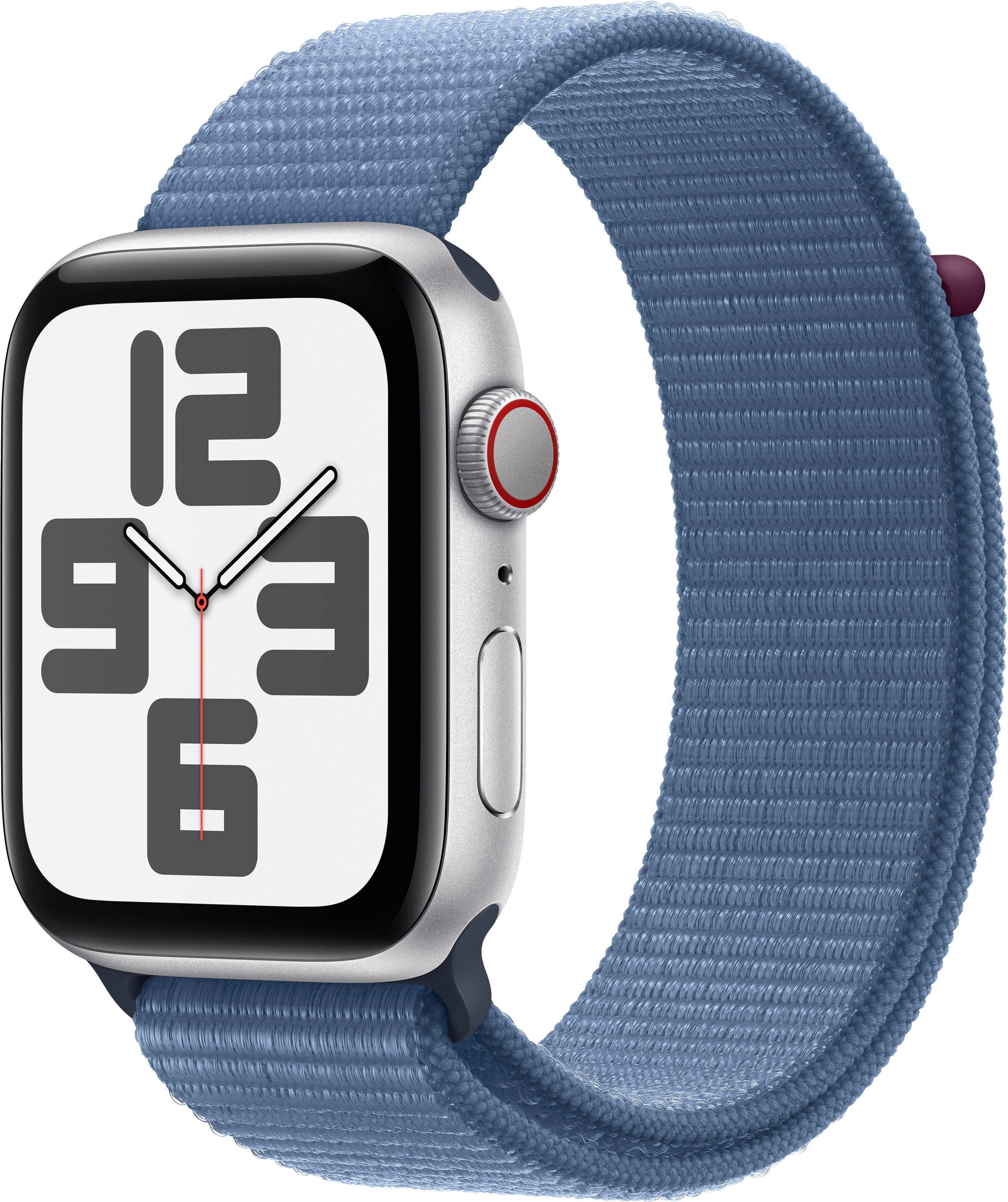 Apple Watch SE GPS Aluminium 44 mm + Cellular Smartwatch (4,4 cm/1,73 Zoll, Watch OS 10), Sport Loop blau | winter blue
