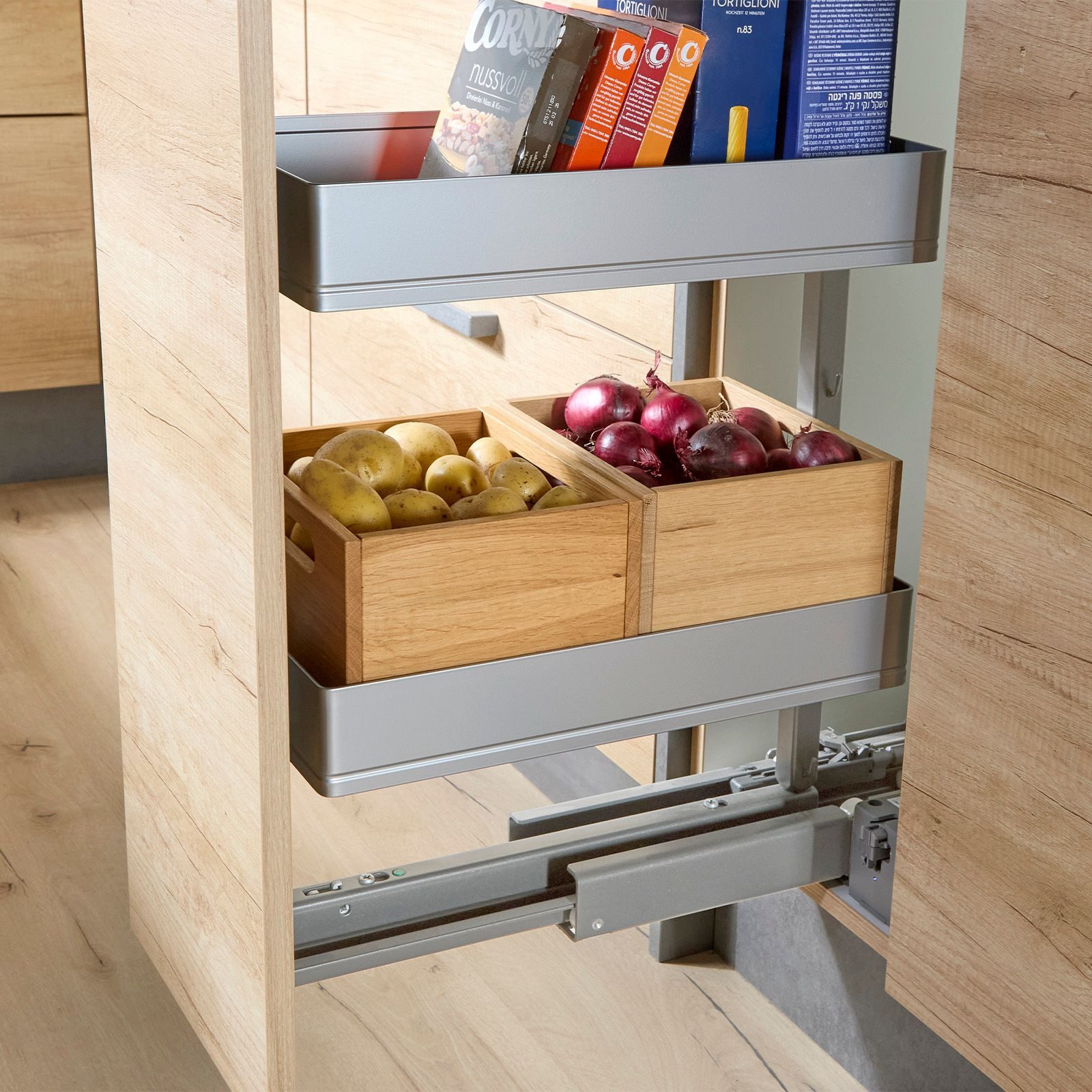 Kesseböhmer Auszug DISPENSA-X Apothekerauszug silbergrau, ARENA PURE Tablare, Set 160-200cm, 5 Einhängetablare, für Schrankbreite 300mm