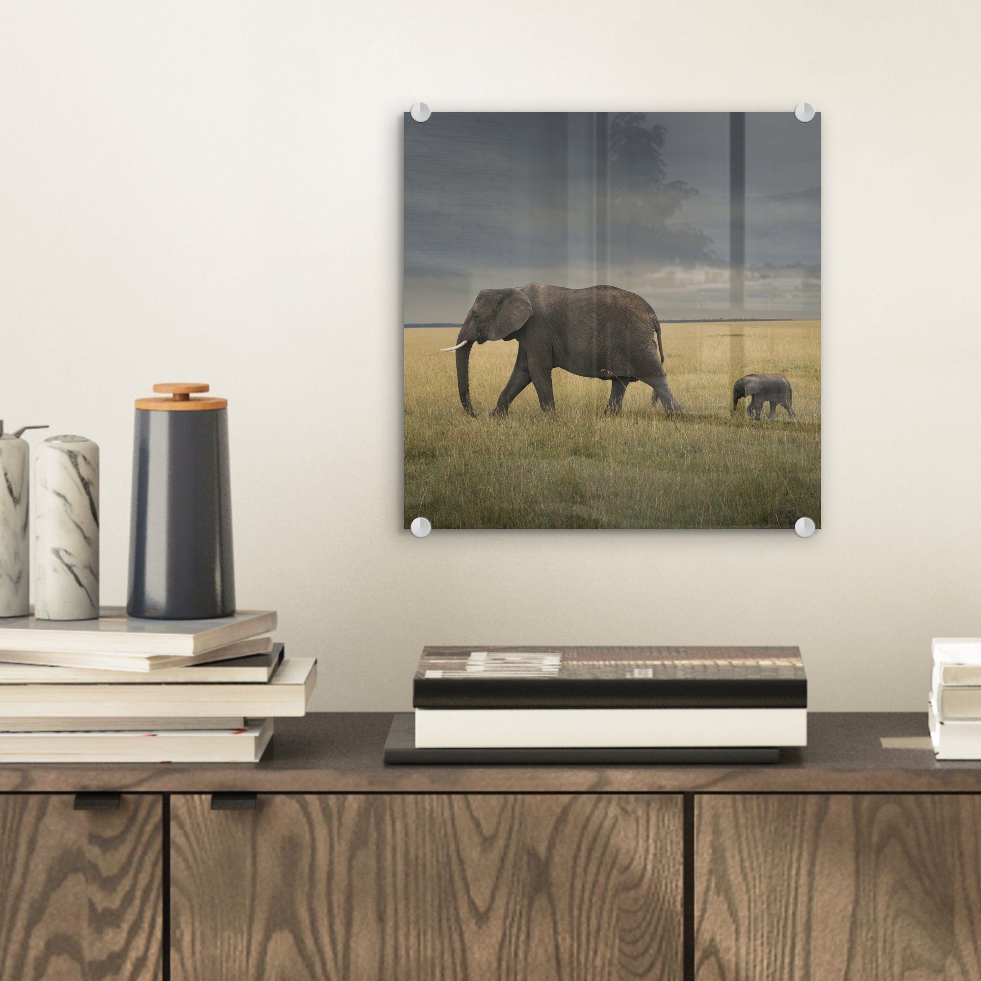 Glas Elefant St), Acrylglasbild Glasbilder Glas Wanddekoration - Bilder - auf Savanne Wandbild MuchoWow Natur, - - - - Foto (1 Tiere auf