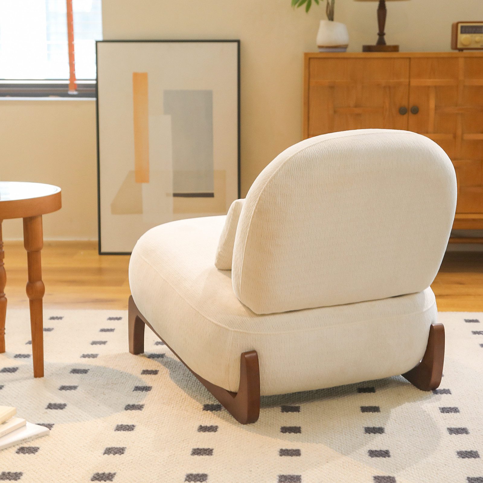 HAUSS SPOLE Loungesessel für Wohnzimmer,Samtsessel mit Massivholzbeinen,Akzentstuhl in Weiß (Polstersessel Relaxsessel ohne Armlehnen im Mid-Century-Stil), Sessel aus Stoff mit Holzfüßen