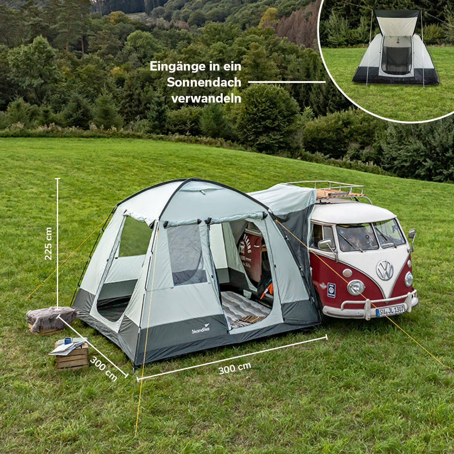 Skandika Buszelt Pitea Van, Heckzelt für Auto, CUV, Bus, Minivan, freistehend, 3 x 3 m, Personen: 2, 2,2 m Stehhöhe, wasserfest, 3000 mm Wassersäule, eingenähter Zeltboden