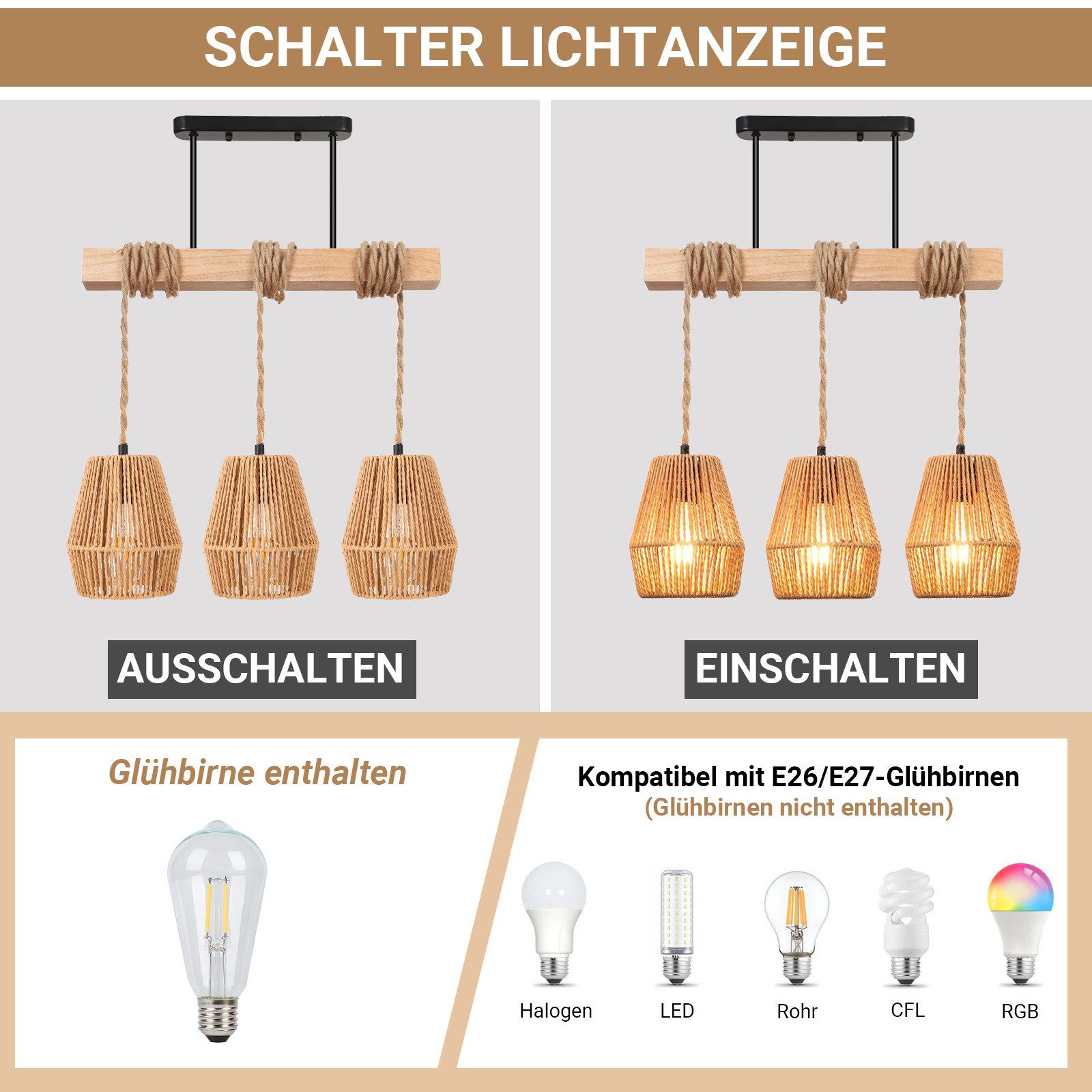 MUPOO Hängeleuchten 3 Köpfe Kronleuchter mit Rattanschirm, Boho Deckenlampe Wohnzimmer, aus Rattan/Holz, mit 3 Leuchtmittel