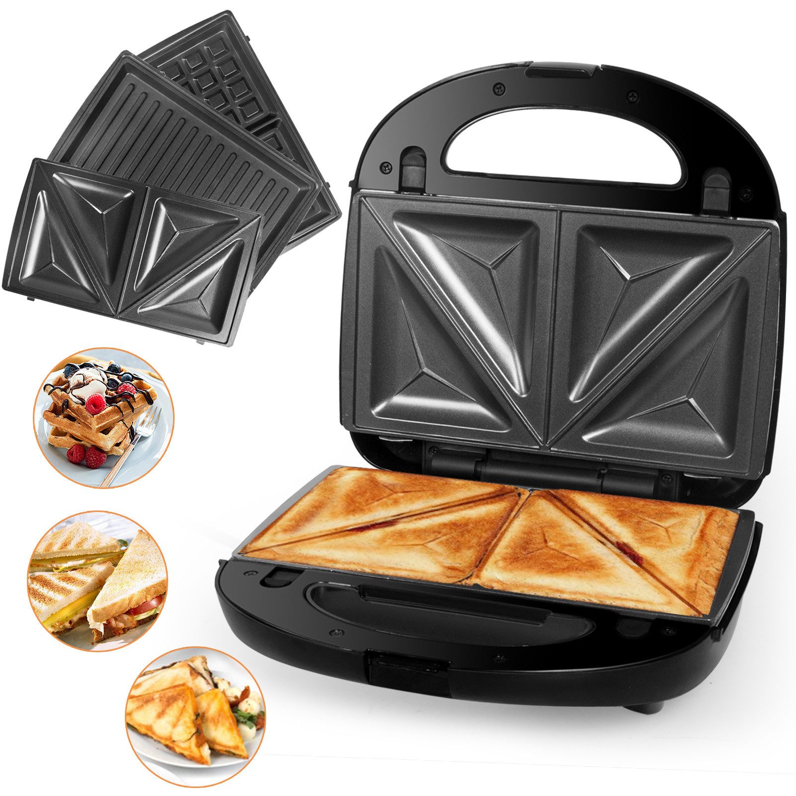 Gotoll 3-in-1-Sandwichmaker GLHS120N mit 3 austauschbaren Plattensätzen Größe: 23*23*9cm, 750,00 W, Waffeleisen Sandwichtoaster Schnelles Garen, Einfache Verwendung
