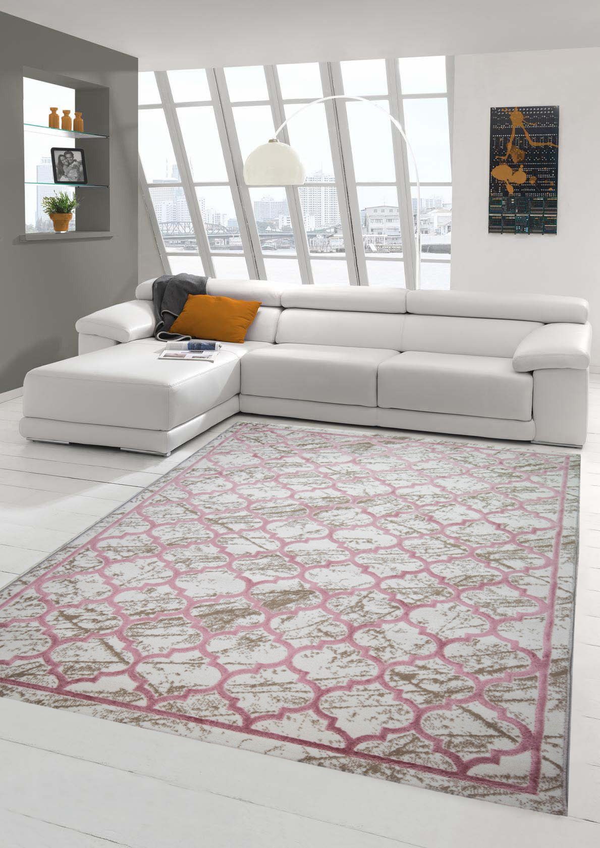 Teppich Teppich modern Wohnzimmer Teppich Marokkanisches Muster in beige  rosa, Teppich-Traum, rechteckig, Höhe: 10 mm | Kurzflor-Teppiche