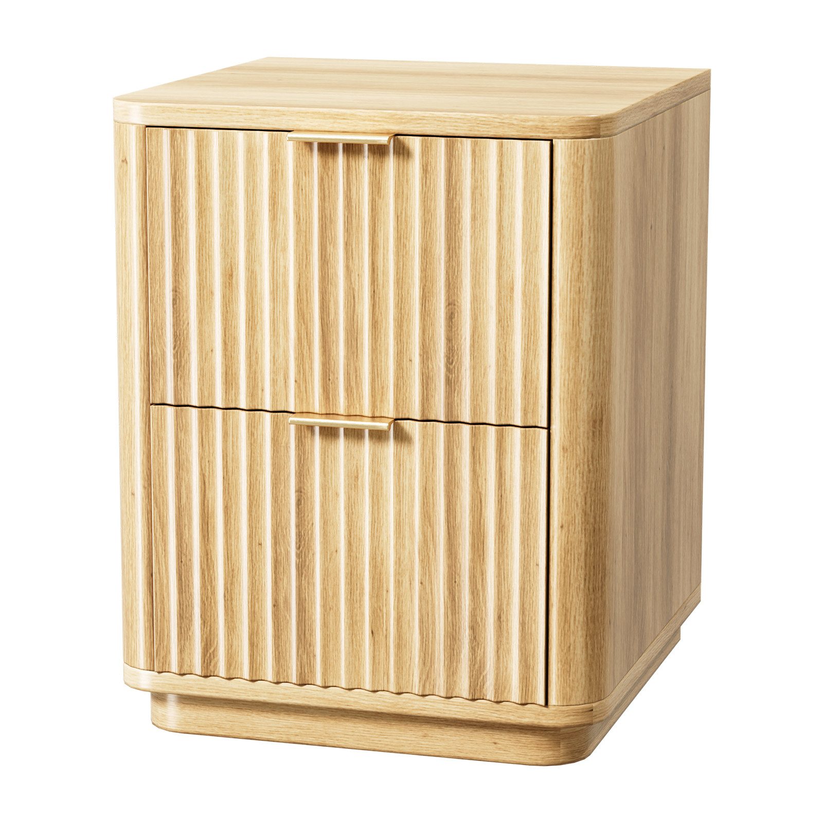 VINGLI Nachttisch 2 Schublade, mit geriffelten Türen, 45,6x35x61 cm, Eiche/Nussbaum, Nachtschrank, Beistelltisch modern, goldener Griff, abgerundete Kanten
