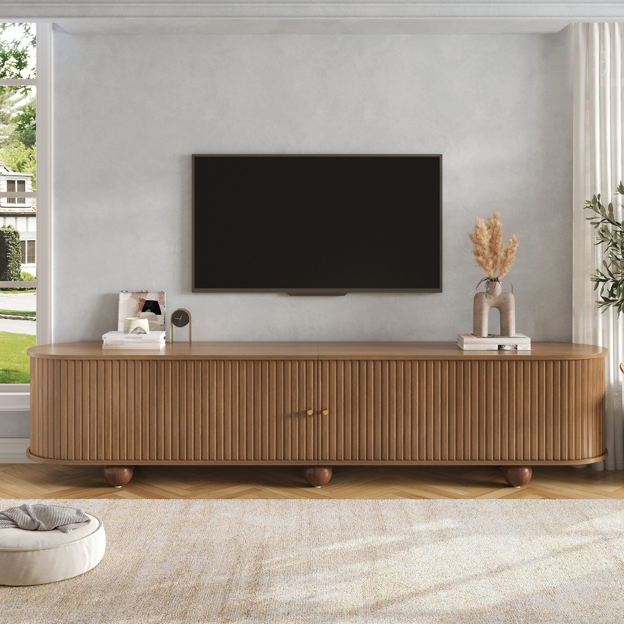 Celya TV-Schrank RundungenTV Lowboard mit Schiebetüren (Retro TV Möbel, Wohnzimmermöbel, mit Kugelfüße) Geeignet für Wohnzimmer