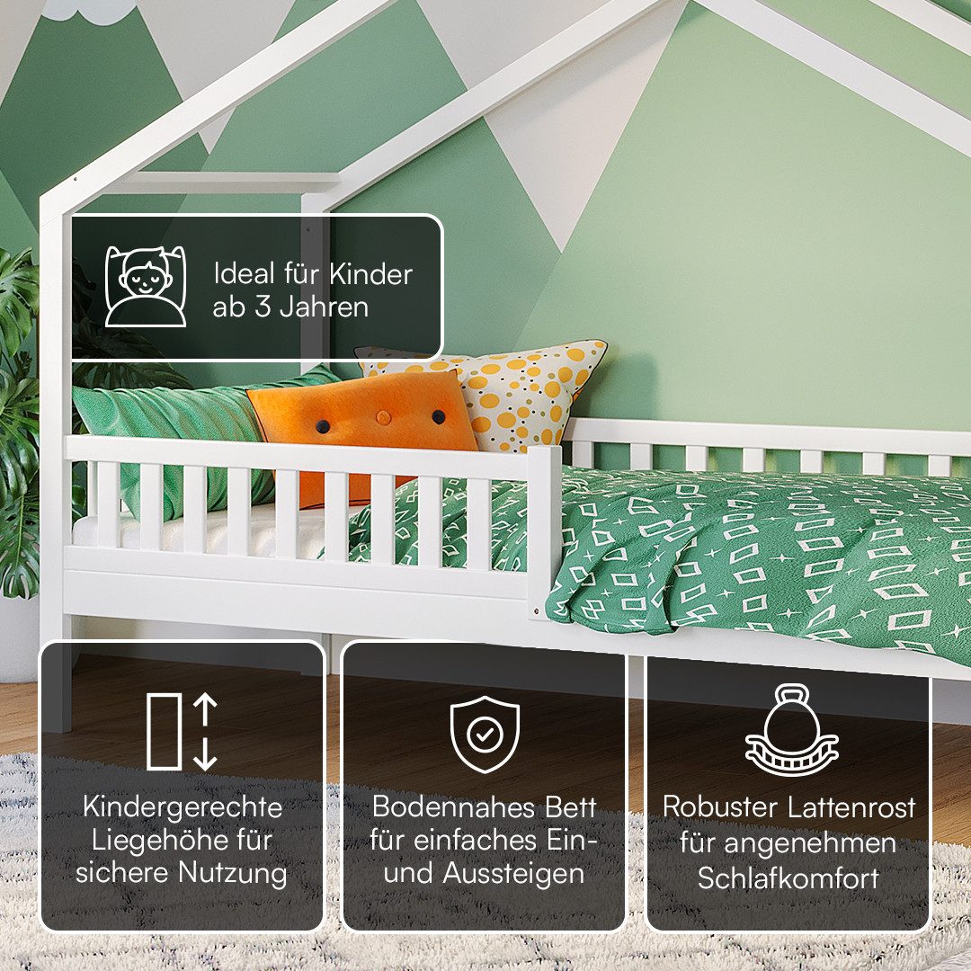 Bellabino Hausbett Vils 90x200 cm mit Rausfallschutz und Lattenrost, Kinderbett, optional mit Matratze, auch mit Gästebett oder Schublade verfügbar