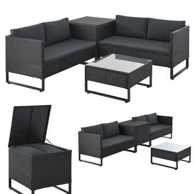 Juskys Gartenlounge-Set Santorini, (4-tlg), Polyrattan Sitzgruppe mit Beistelltisch & Auflagenbox, wetterfest