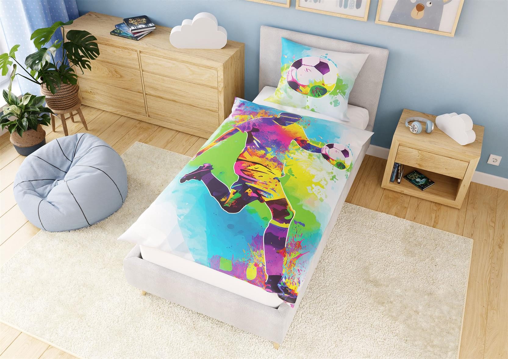 Carpe Sonno Kinderbettwäsche 135x200 +10 SPIELE +KINDERBUCH Baumwoll Bettwäsche Kind Jungen Mädchen, Renforcé, 2 teilig, Coole Fussballbettwäsche Set Sport Soccer Fussball Spieler