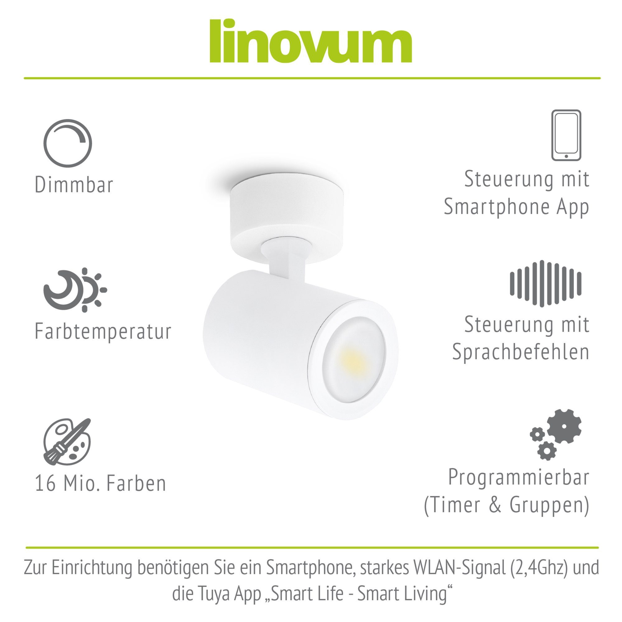 linovum LED Aufbaustrahler TENJO Deckenspot schwenkbar 1-flammig Smart drehbar weiss inklusive, Leuchtmittel Leuchtmittel & GU10, inklusive
