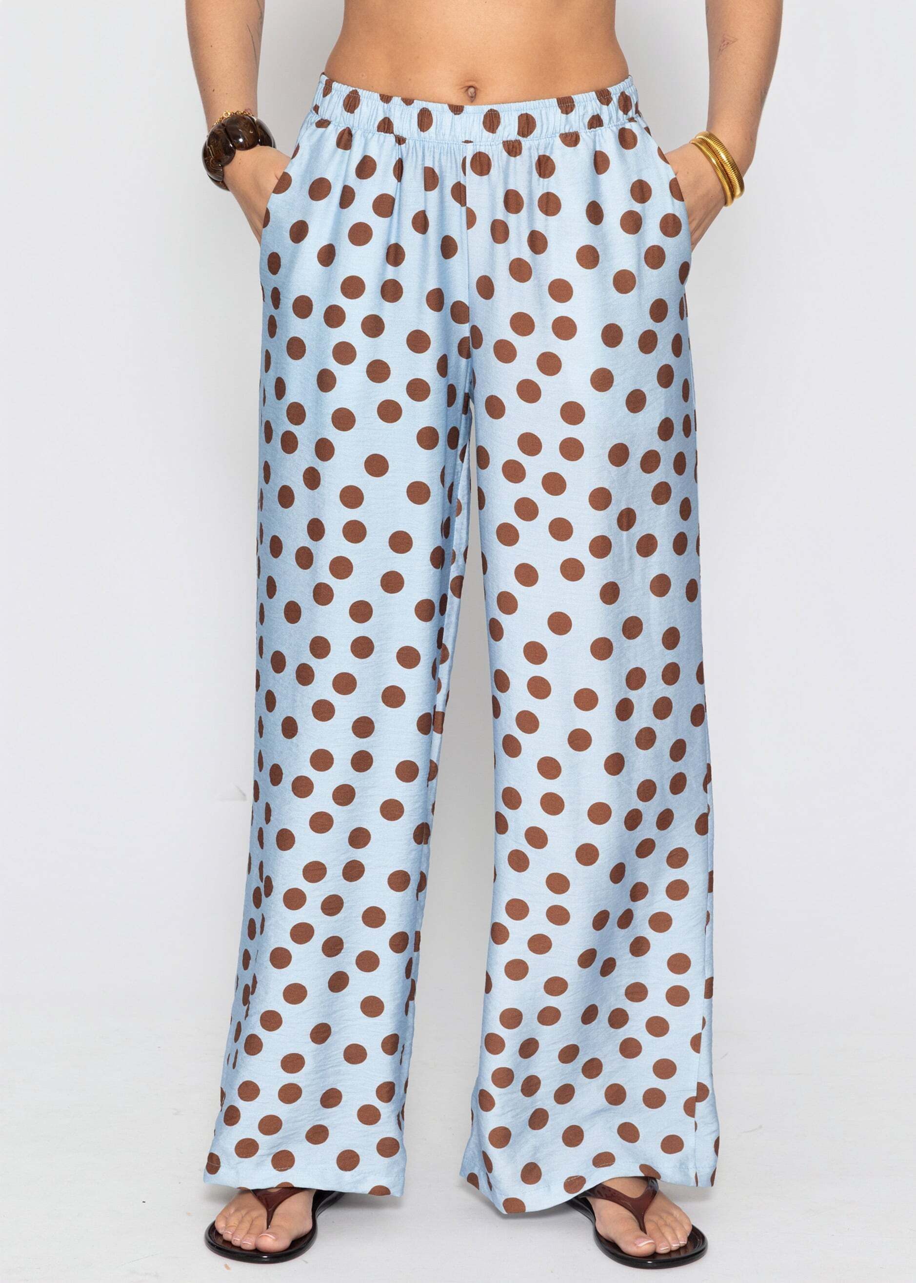 SASSYCLASSY Stoffhose Hose mit Polka-Dots für Damen Lockere Viskosehose mit elastischem Bund und Taschen Hellblau