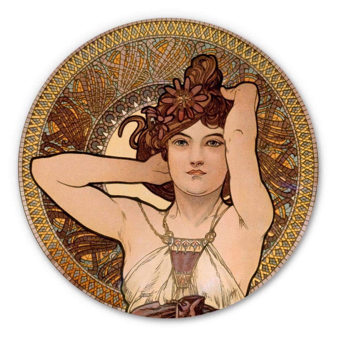 K&L Wall Art Alu-Dibond-Druck Metallposter Rund Vintage Art Déco Edelsteine Amethyst Mucha, Metalloptik Wandbild Ø 20cm