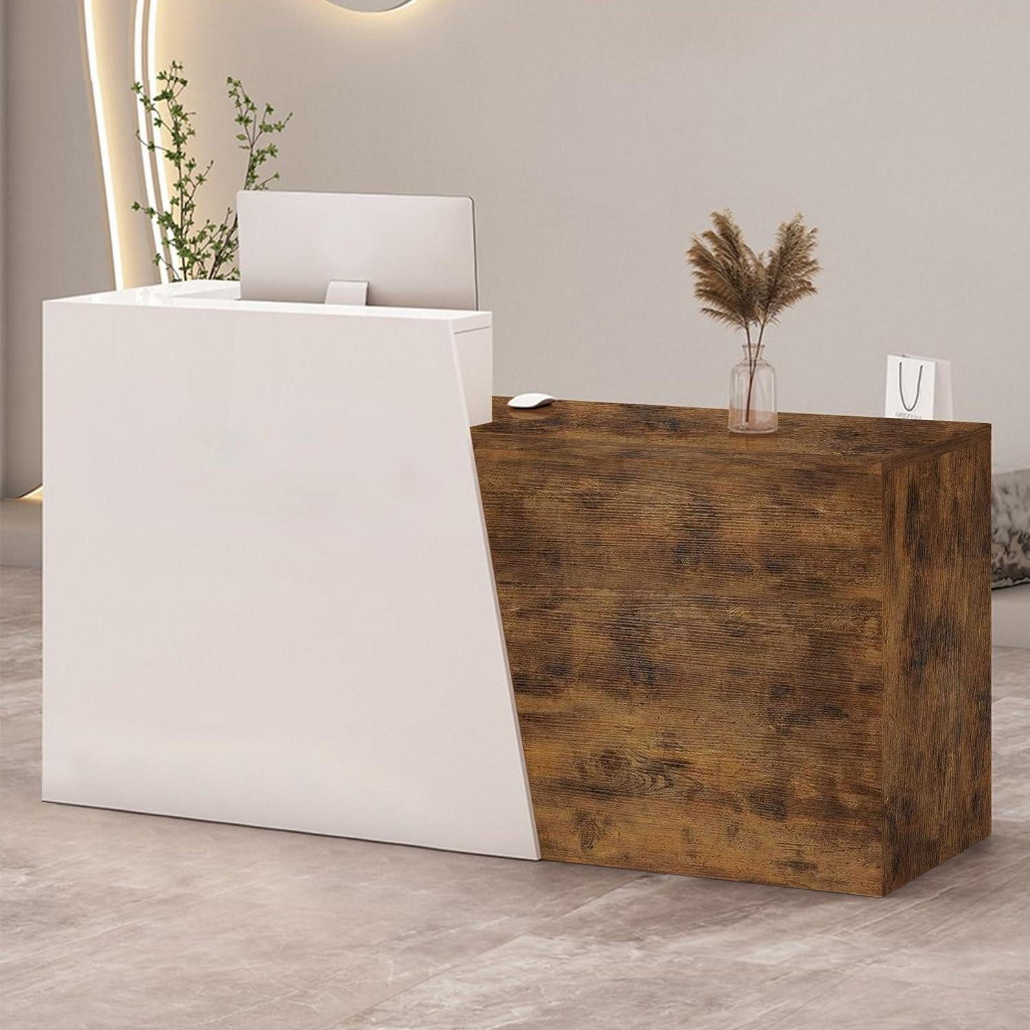 LuxusKollektion Empfangstheke Empfangstheke Schublade 100×42×100cm White + Flamed Wood Left