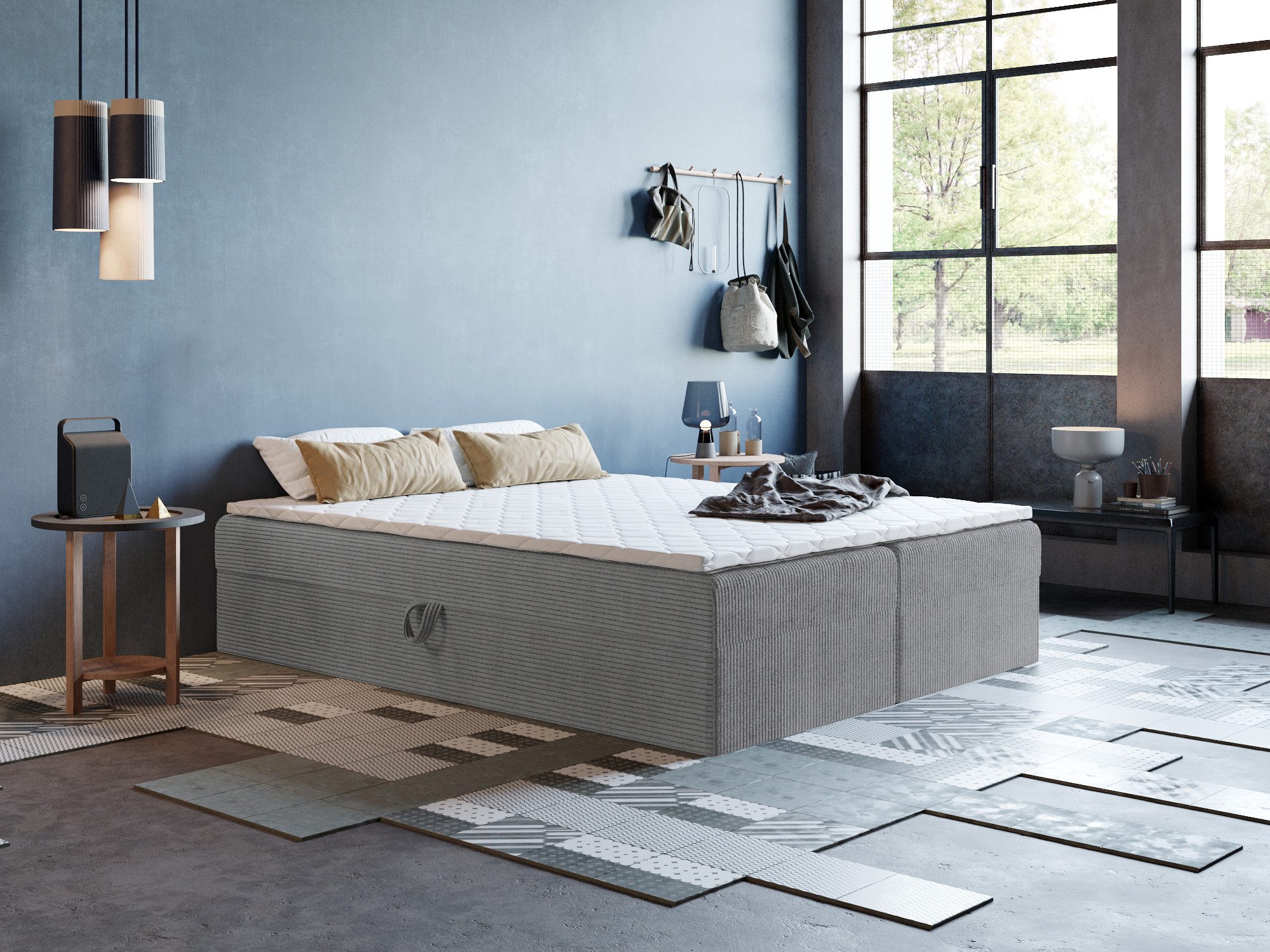 Godre Boxspringbett mit Bettkasten ARES 2 - 140x200 cm - Tashen Matratze und Topper (Bett + Matratze + Topper T-25), Bett mit zwei seitlich zu öffnenden Kästen