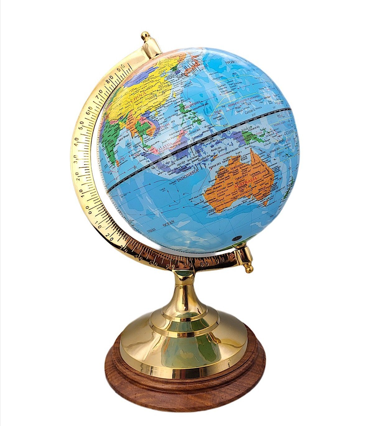 Linoows Dekoobjekt Globus, politischer Erdglobus auf Messingfuß 34 cm, Tischglobus englische Beschriftung
