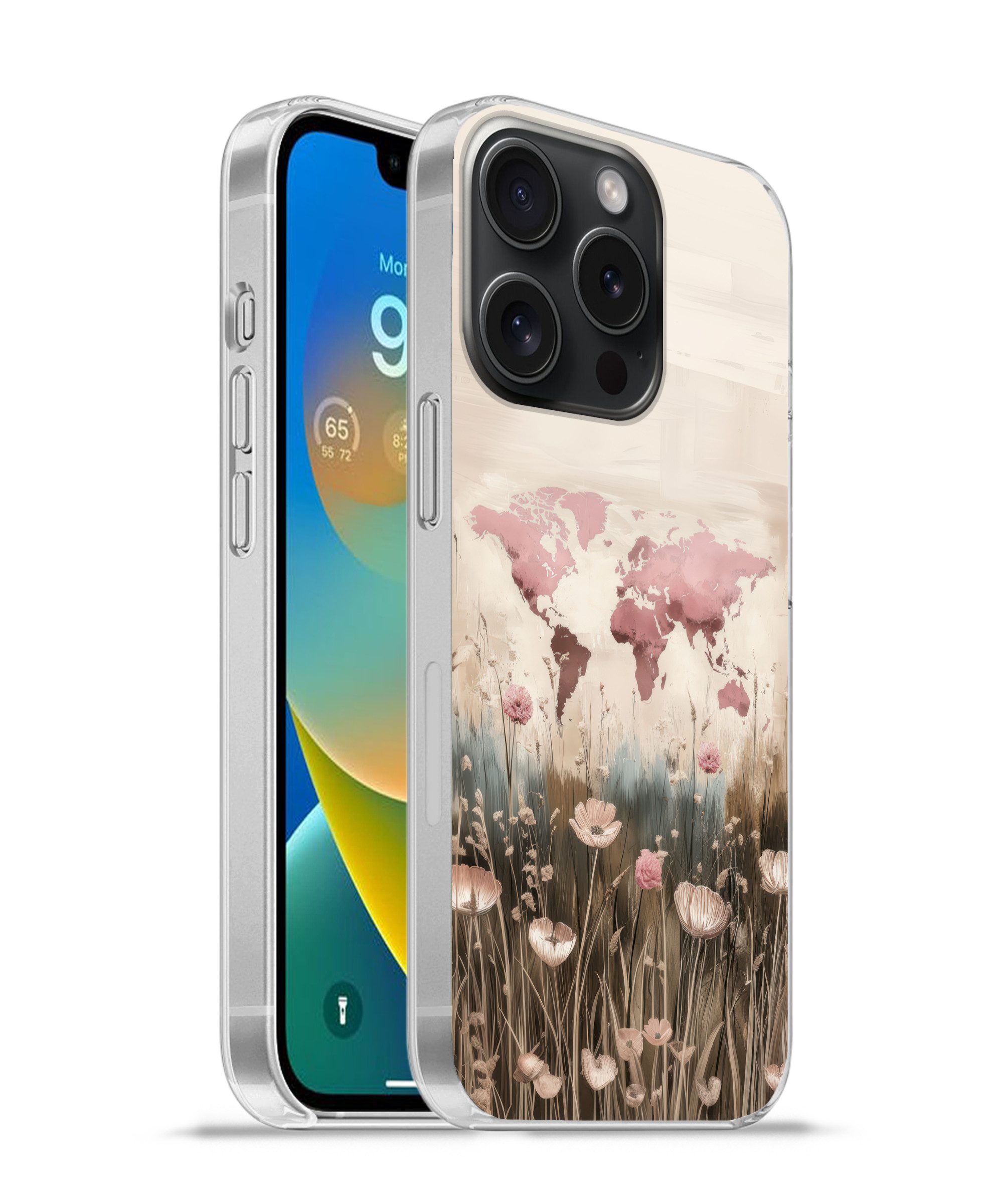 MuchoWow Handyhülle für Apple iPhone 15 Pro Weltkarte - Rosa - Blumen, Smartphone-Bumper, Print, Handy Schutzhülle Dünn