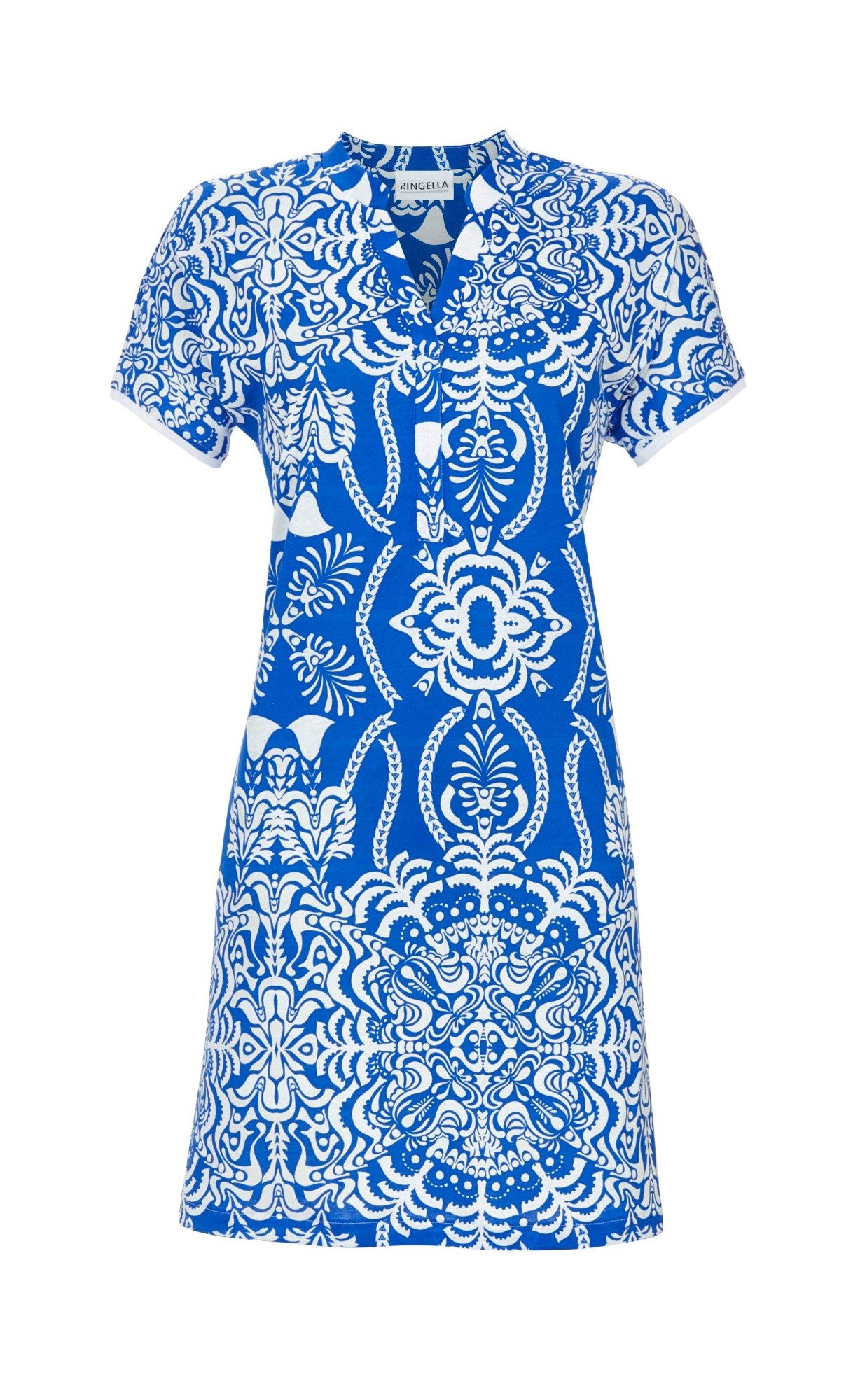 Ringella Tunikakleid mit weissem Ornamentprint auf farbigem Fond und Splitneck Alloverprint - Jedes Teil ein Unikat