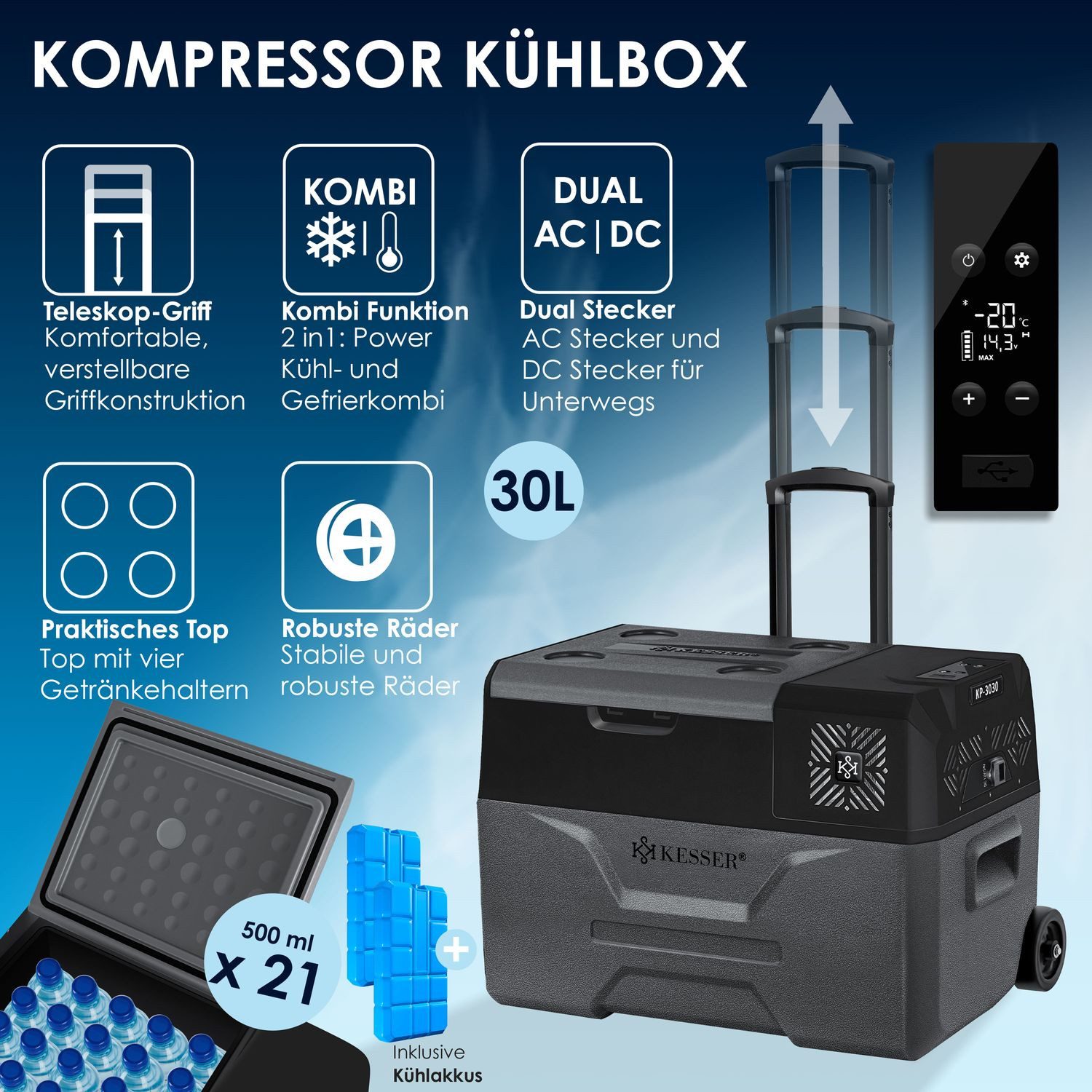 KESSER Kühlbox, 30 l, Kompressor Kühlbox elektrisch Gefrierbox, Mit APP-Steuerung