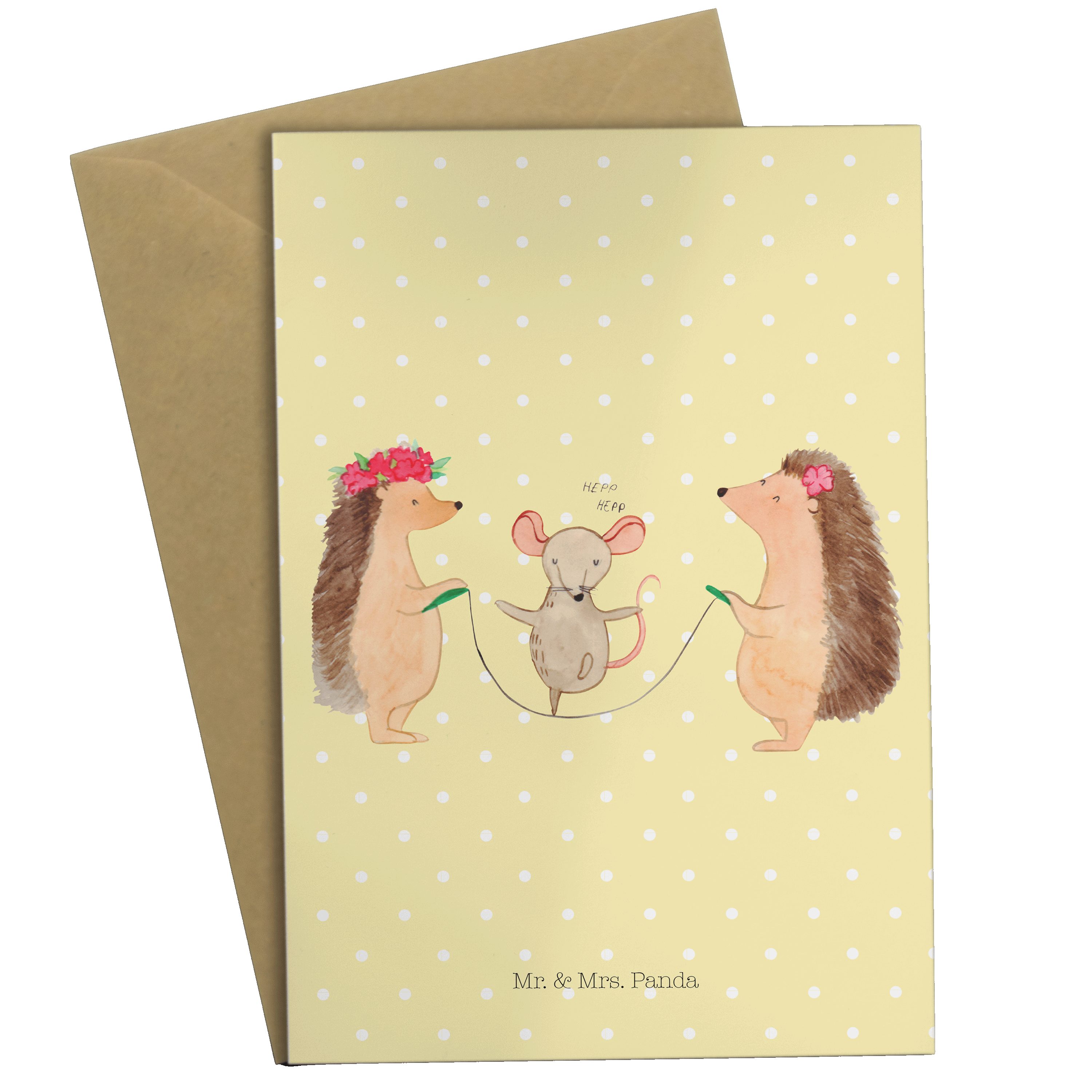 Mr. & Mrs. Panda Grußkarte Igel Seilhüpfen - Gelb Pastell - Geschenk, lustige Sprüche, Gute Laun