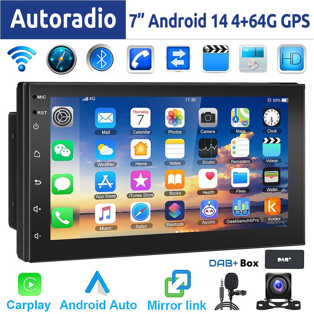 ESSGOO 7 Zoll Doppel 2 DIN Android 14 4+64G Autoradio (Digitalradio (DAB), FM, RDS, FM RDS Bluetooth EQ USB Apple Carplay Android Auto GPS Navi WIFI)