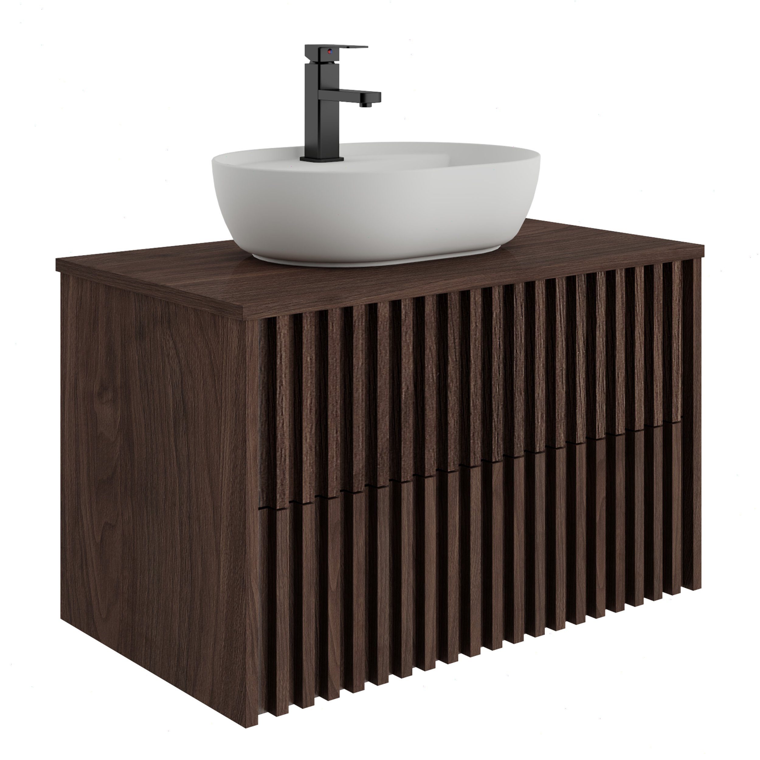 UEV Waschtisch mit Unterschrank hängend Ovales Keramikwaschbecken (Komplett-Set Badmöbel, Badezimmmer Schrank, mit Wasserhahn und Pop-up-Ablassventil Aufsatz-Waschbecken), Soft-close Schubladen,Waschbeckenunterschrank mit 2 Schubladen