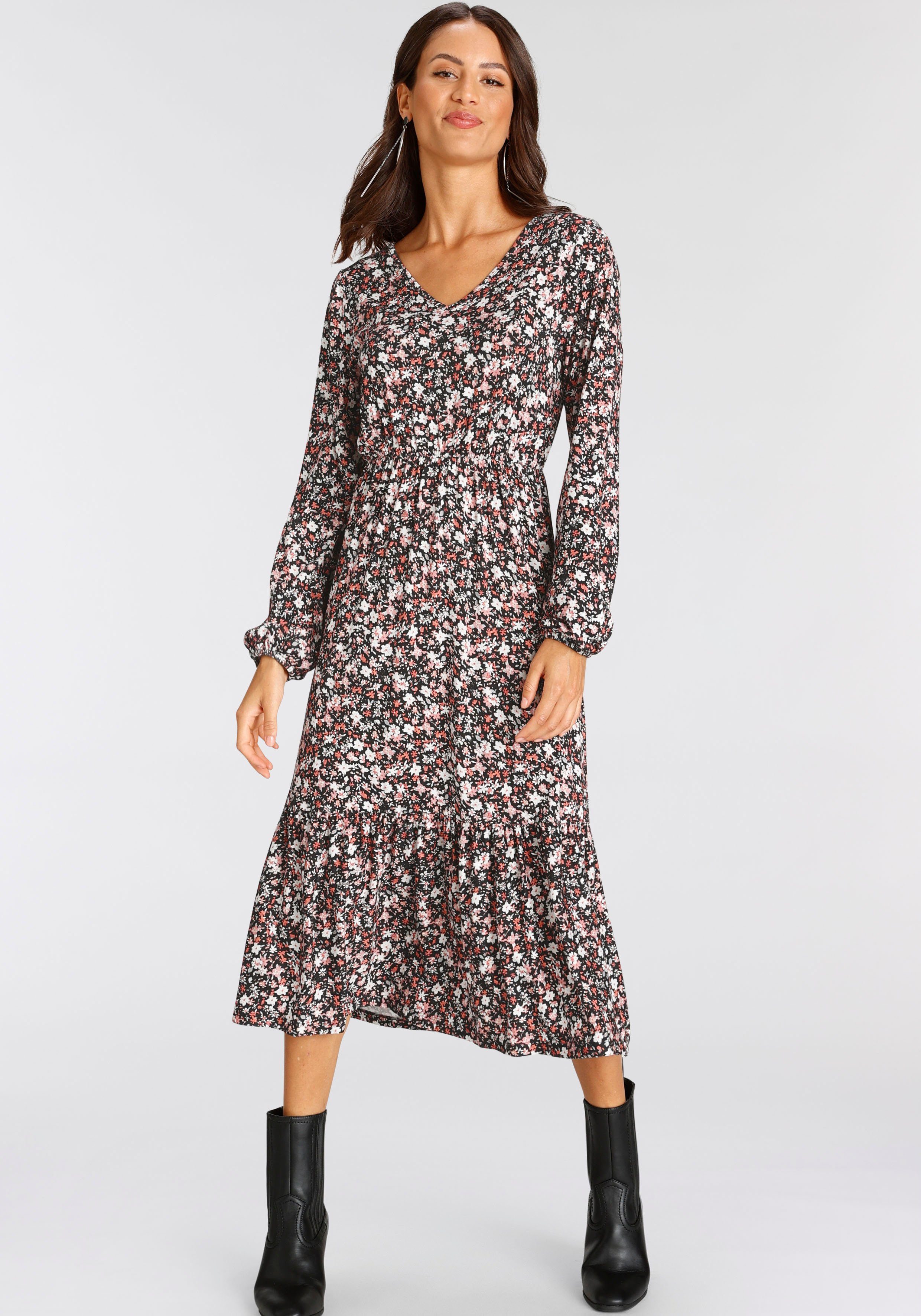 Laura Scott Midikleid wadenlang, geblümte Optik, aus Viskosemischung, Langarm