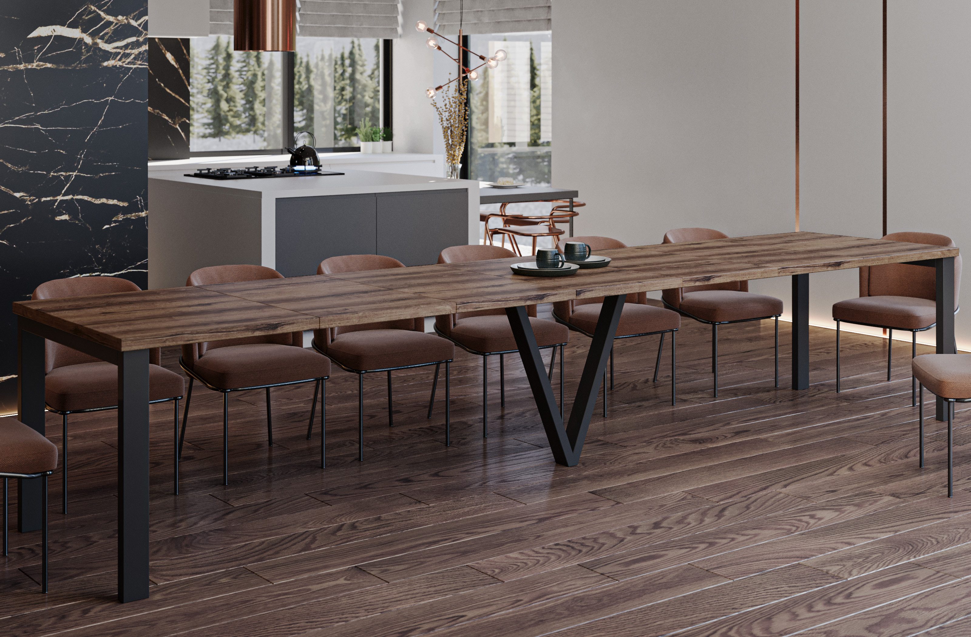 Endo-Moebel Esstisch Titan XXL 130-405 cm, Metallgestell, ausziehbar, 400cm Esstisch XXL 14 Personen riesiger Tisch 4m