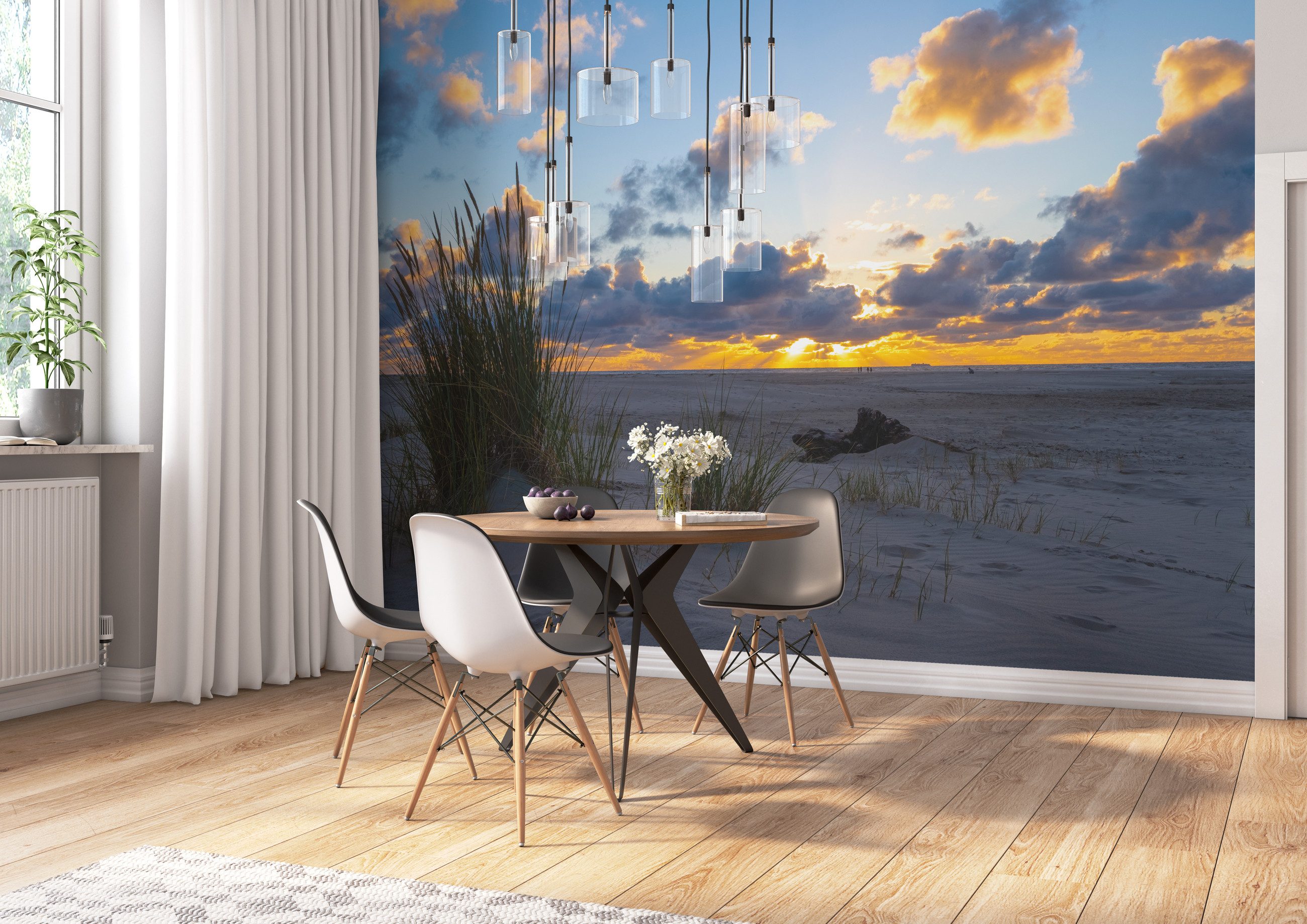 Rasch Fototapete Strand mit Sonnenuntergang - 2,65m x 3,71m, strukturiert, Meer, Natur, Strand, Landschaft, (1 Rolle, 1 St), Dünen